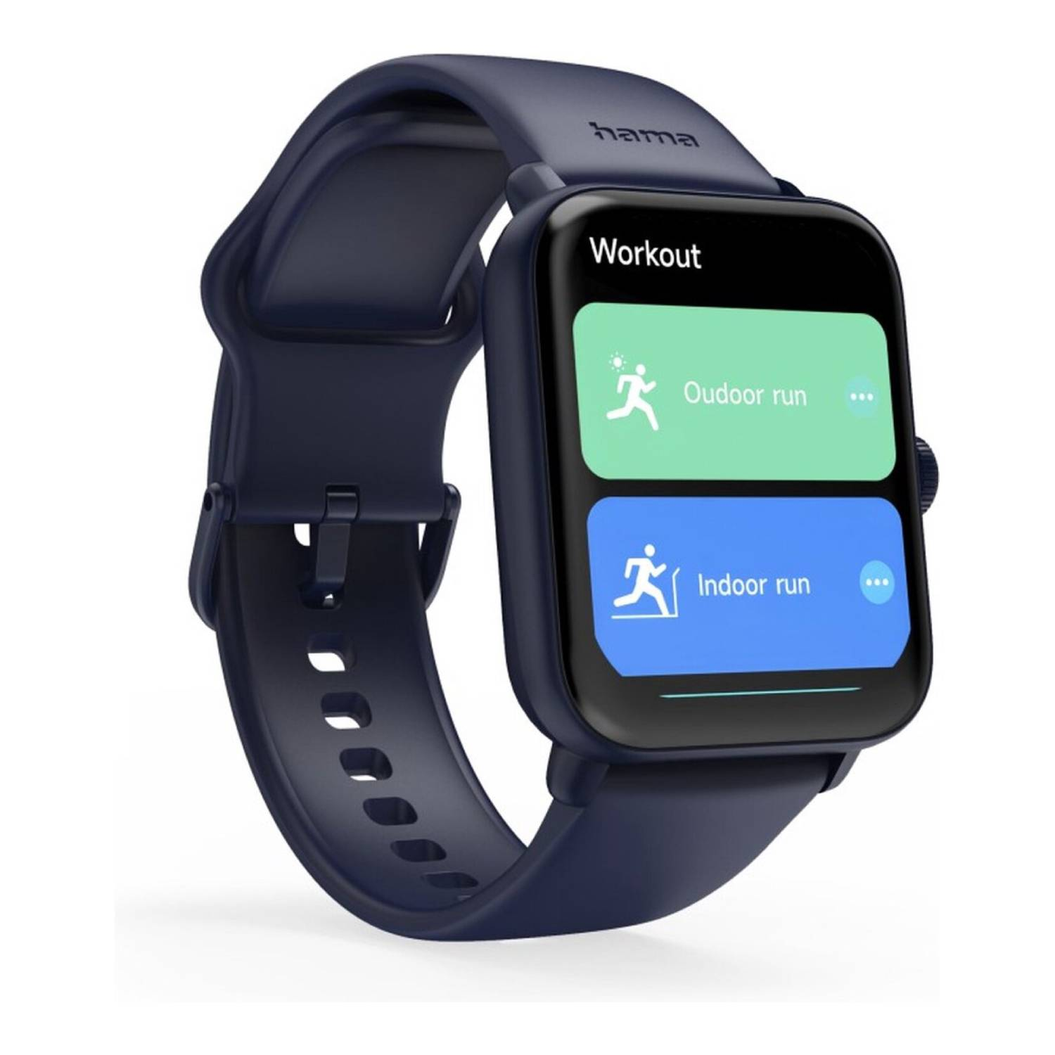 Une smartwatch Hama bleu foncé affiche des options d'entraînement : course en extérieur et en intérieur. La montre est sur fond blanc.