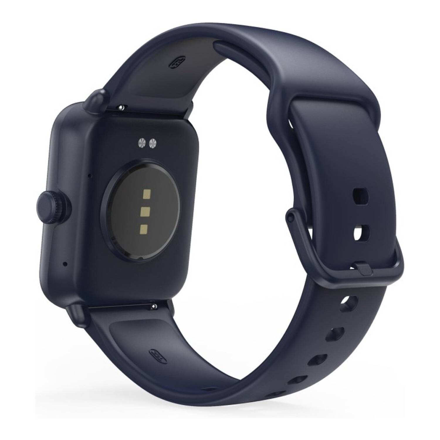 Une montre connectée bleu marine avec un cadran carré et un bracelet assorti. La montre a un bouton et des capteurs au dos.