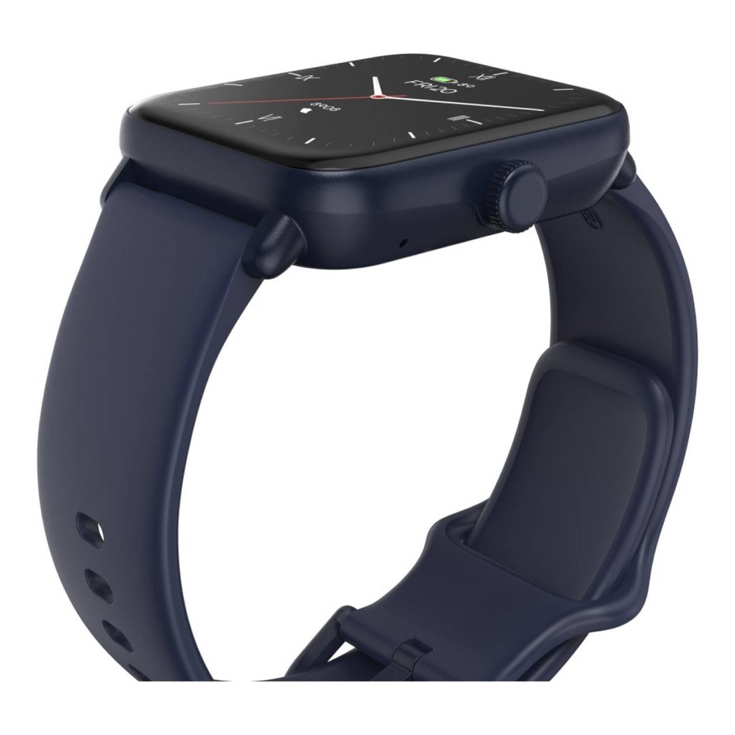 Smartwatch bleu marine sur fond blanc. Affiche l'heure et la date. Le bracelet est connecté à la montre.