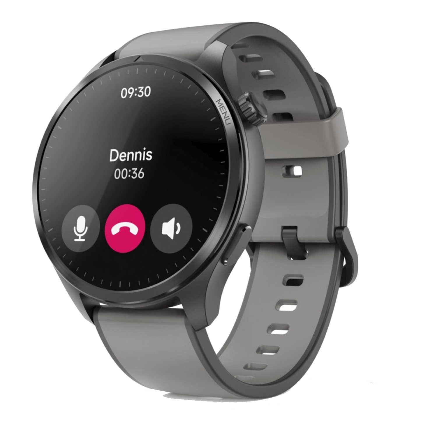 Een smartwatch toont een inkomende oproep van "Dennis". Het scherm toont gesprekstijd, microfoon-, weiger- en luidsprekericonen.