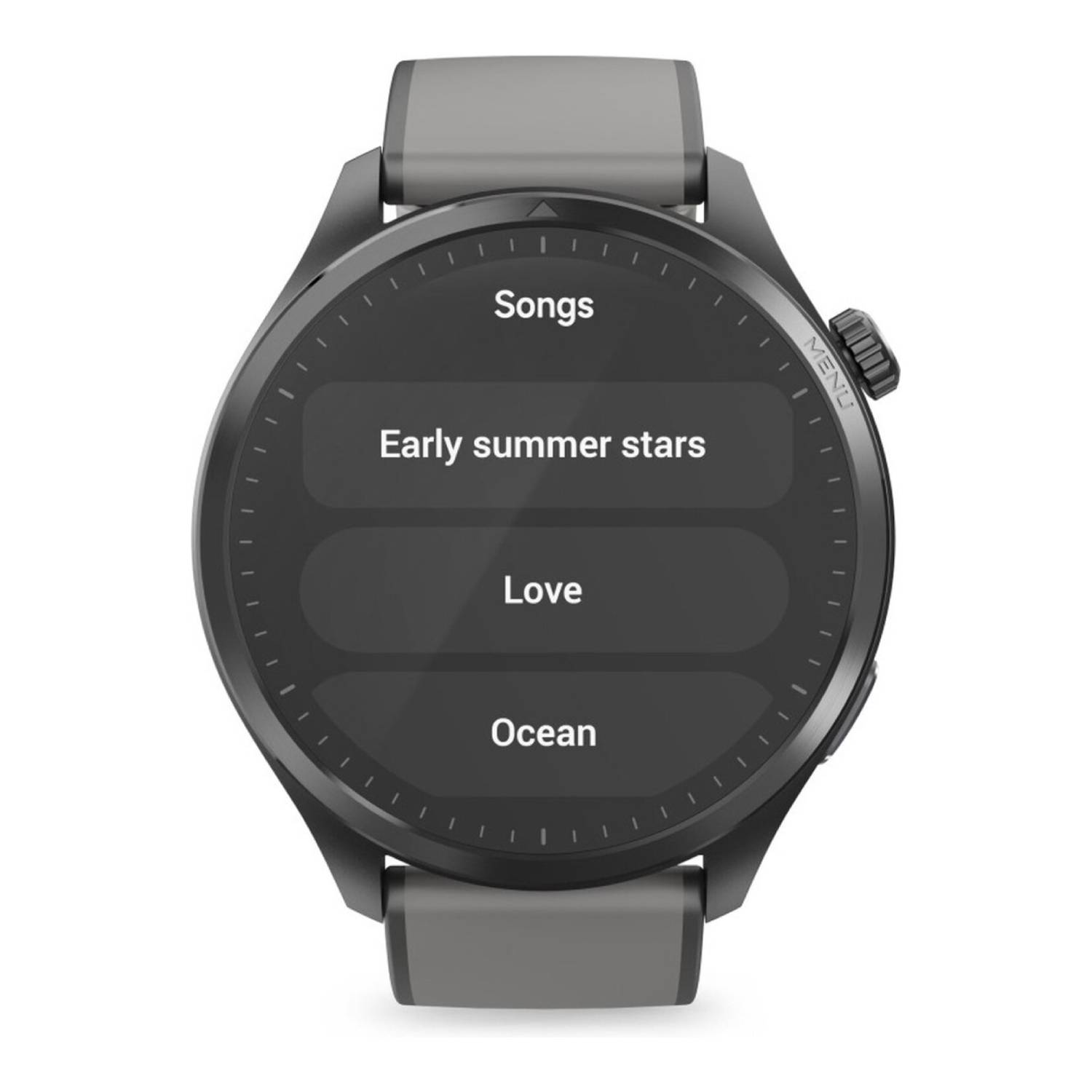 Een zwarte smartwatch toont songopties: Songs, Early summer stars, Love en Ocean. Grijze band en menuknop zichtbaar.