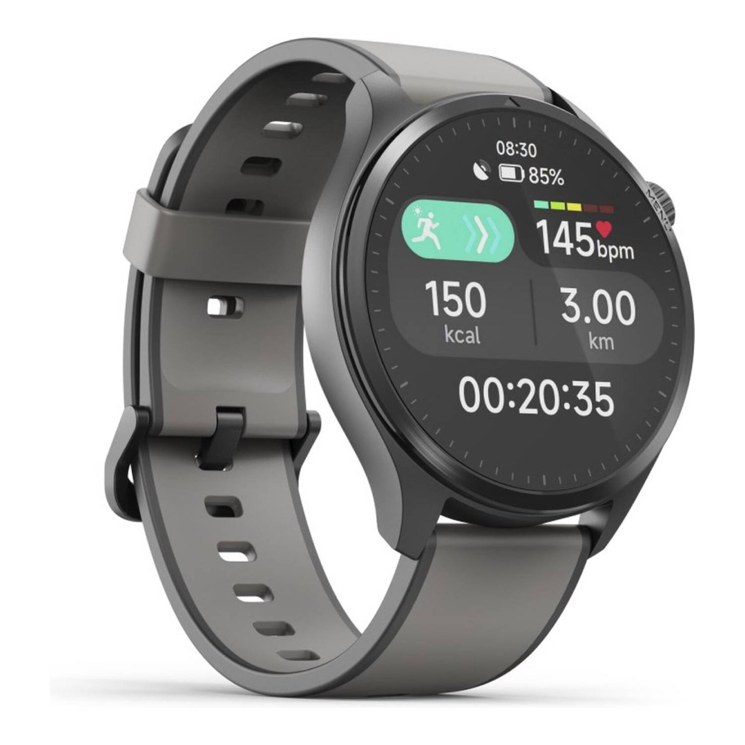 Een grijze smartwatch die gezondheidsstatistieken weergeeft: tijd, hartslag (145 bpm), calorieën en afstand (3,00 km).