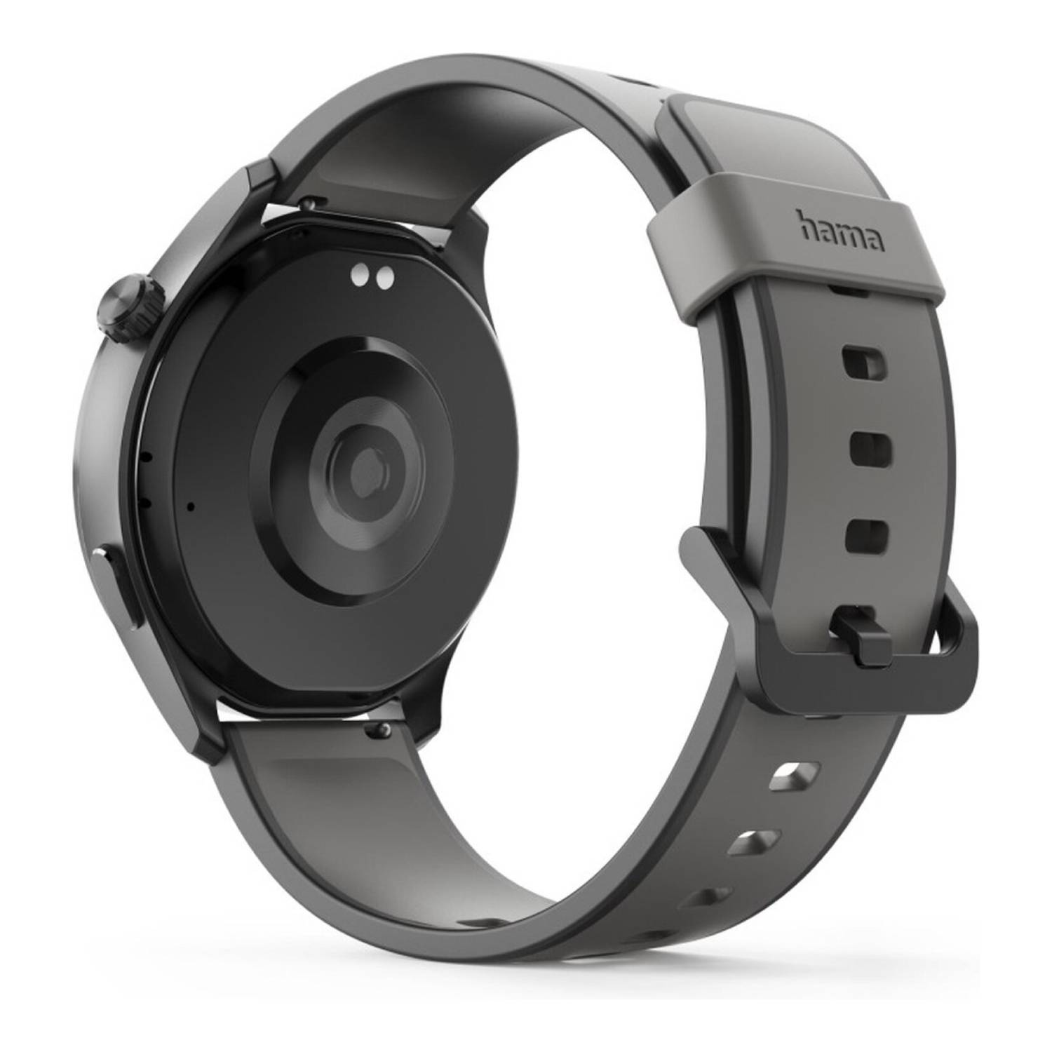 Een zwarte en grijze Hama smartwatch, met de achterkant en band. De band is grijs, en de wijzerplaat zwart. Witte achtergrond.