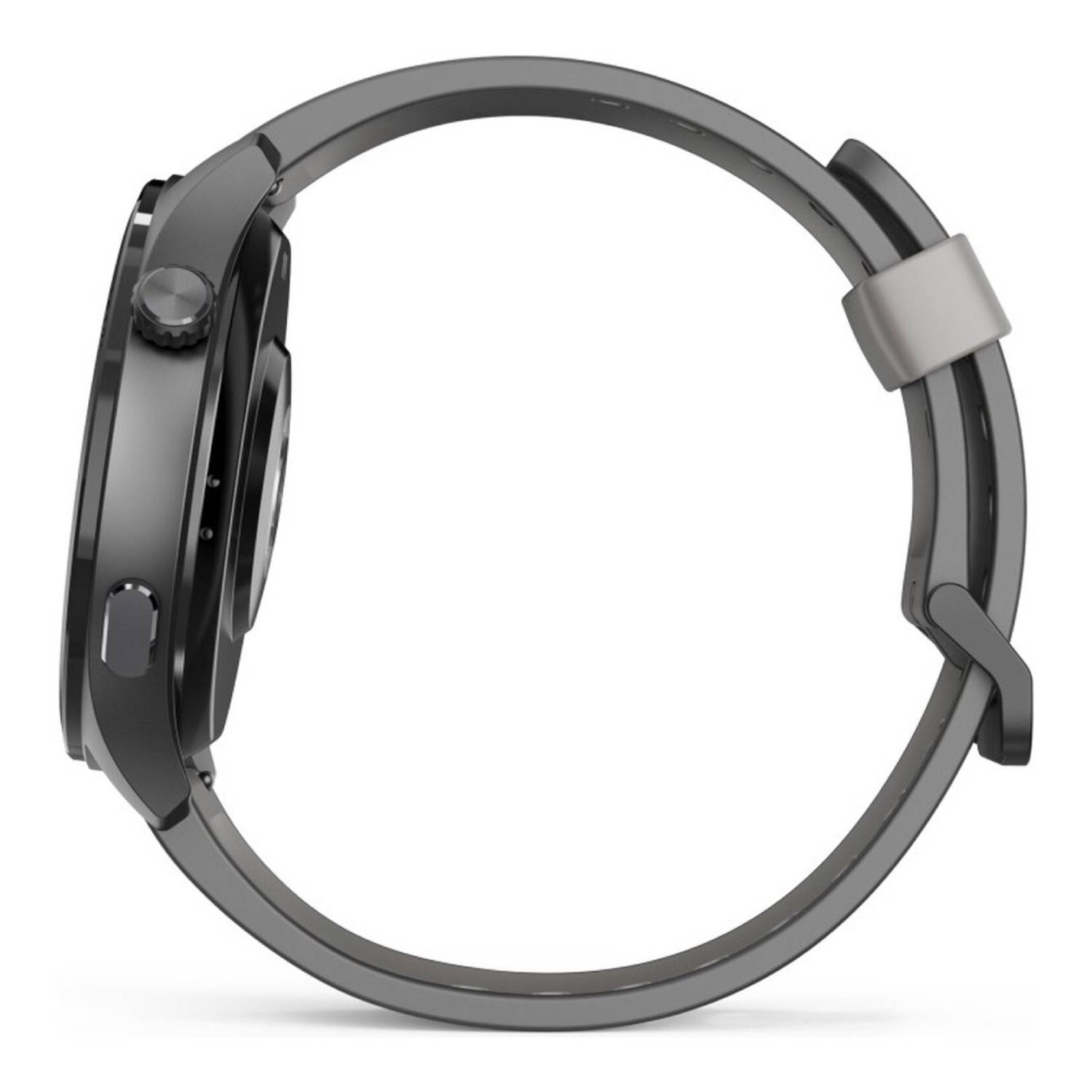 Zijaanzicht van een donkergrijze smartwatch. Het heeft een ronde wijzerplaat, een band en een gesp, tegen een witte achtergrond.