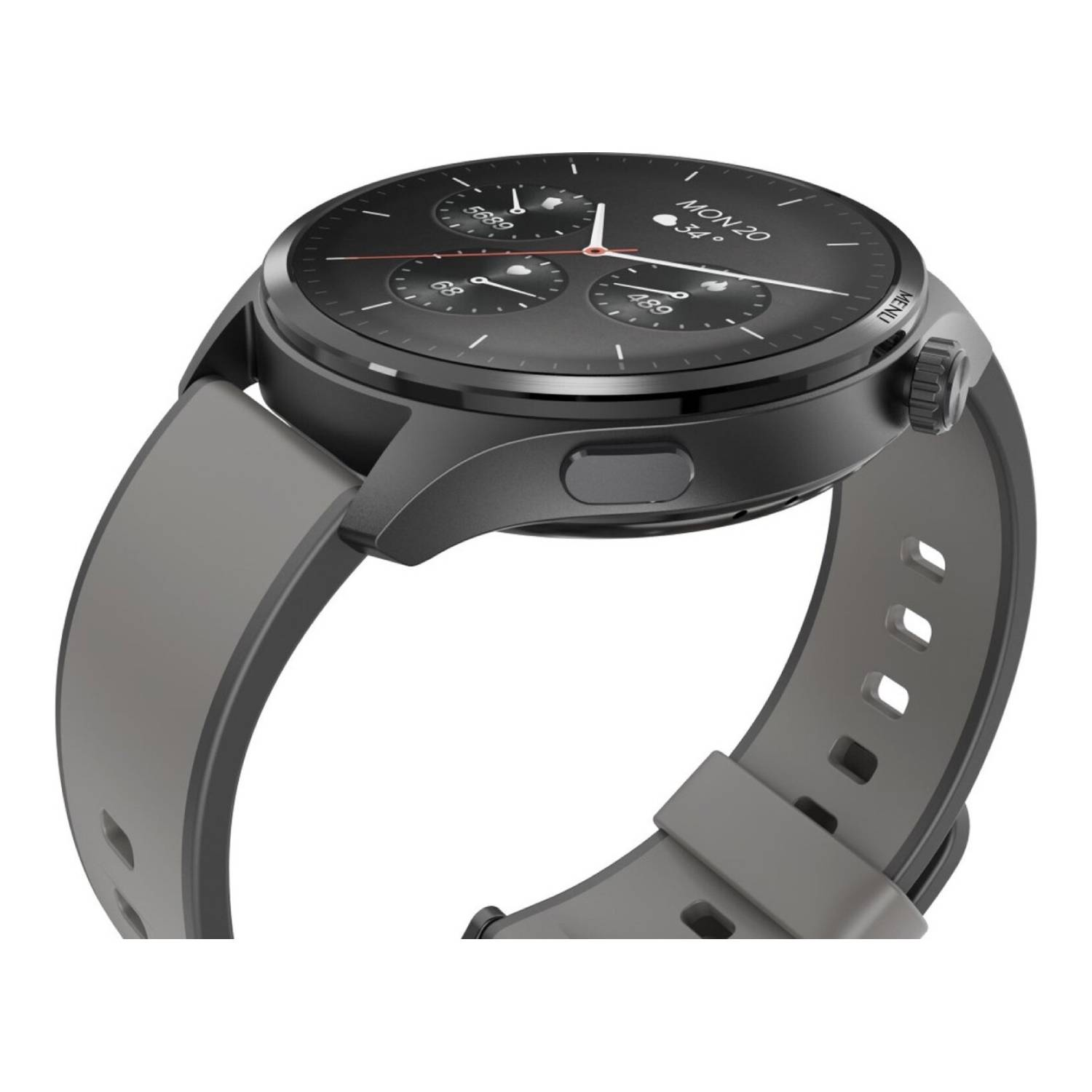 Een zwarte smartwatch met een grijze band. De wijzerplaat toont de datum, temperatuur en andere gegevens. De achtergrond is wit.