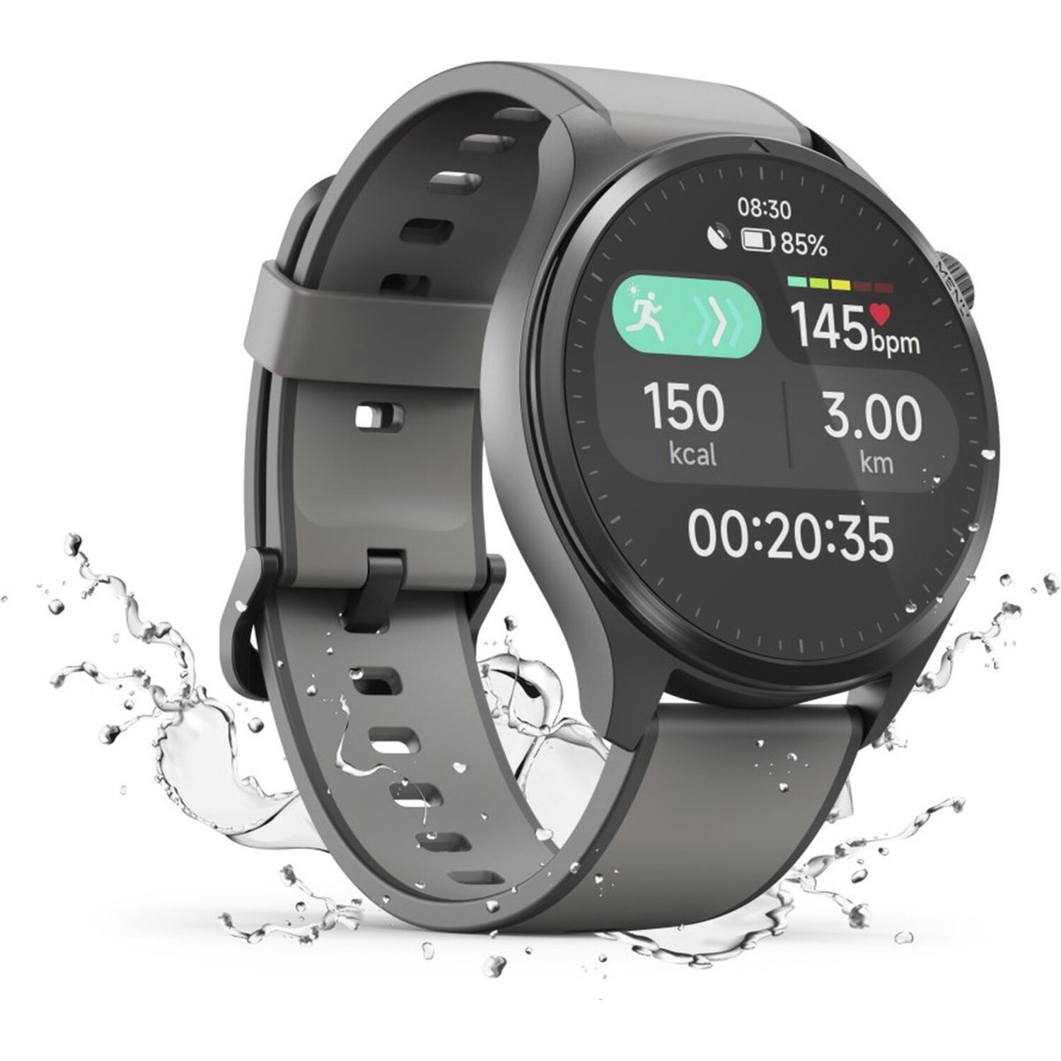 Een grijze smartwatch met een rond display toont fitnessgegevens, omringd door waterspatten. Het horloge toont tijd, hartslag en afstand.