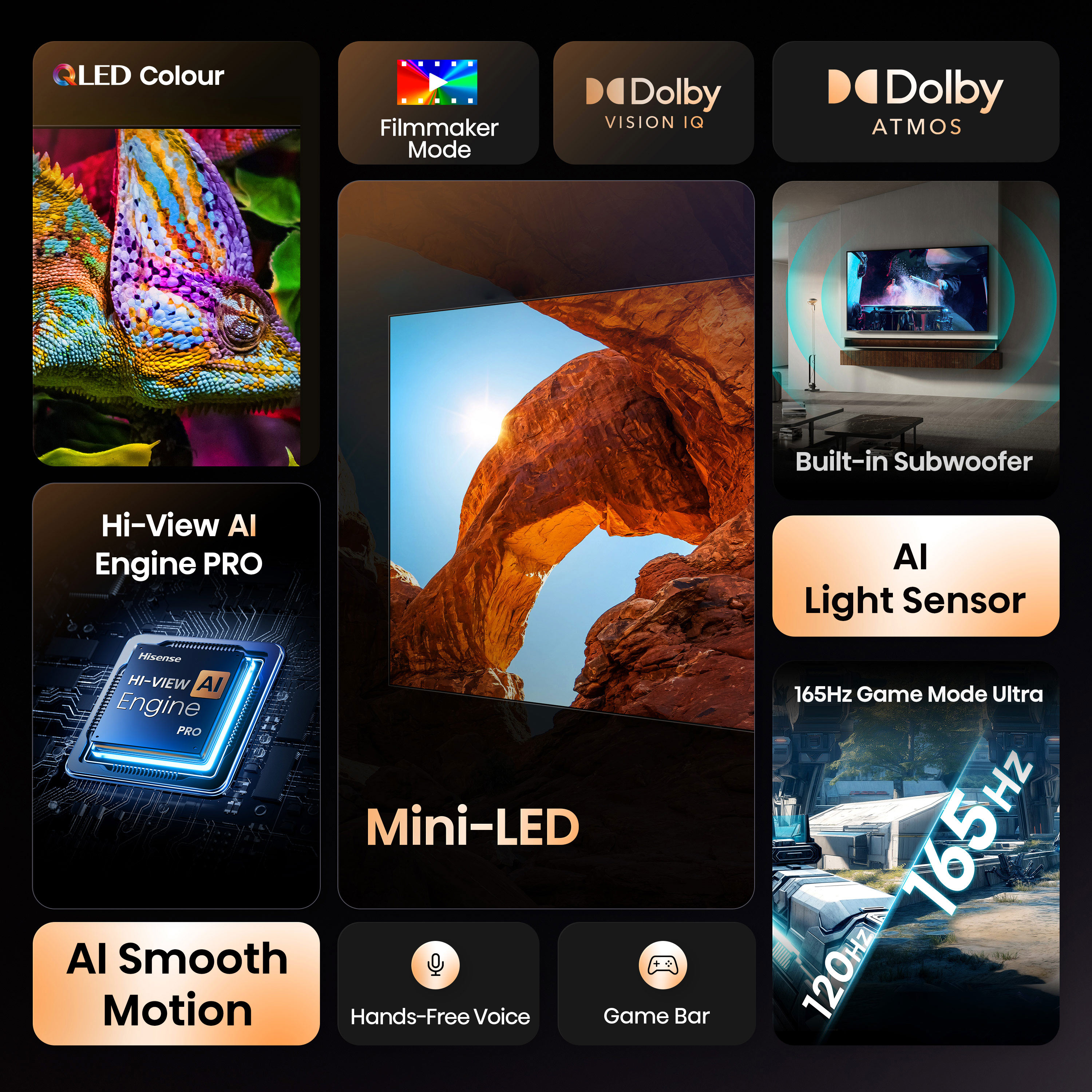 Egy TV a következő funkciókkal: QLED Colour, Filmmaker Mode, Dolby Vision IQ, Dolby Atmos, Mini-LED és 165Hz.