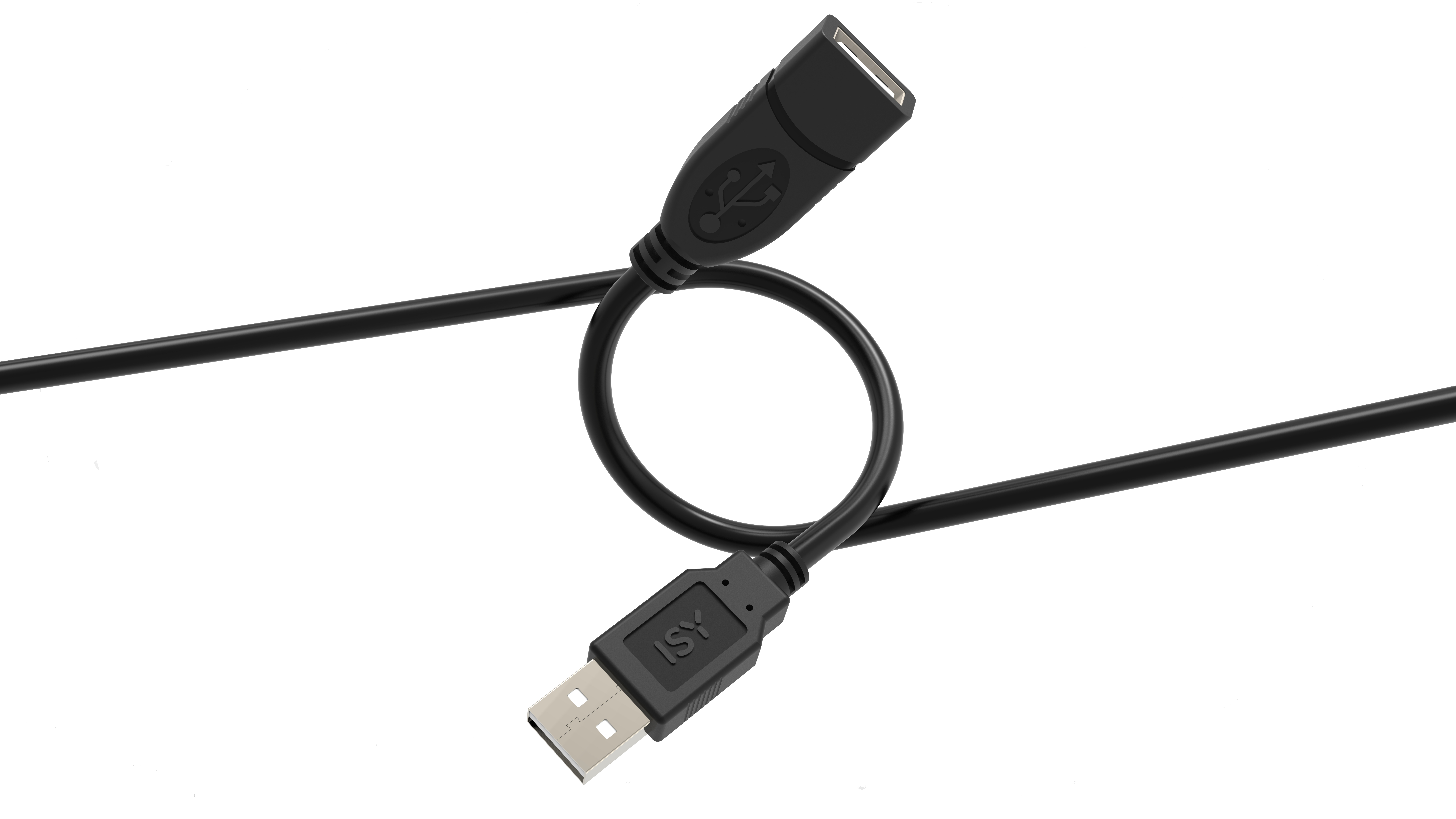Ein schwarzes USB-Kabel mit einem USB-A-Anschluss und einem USB-A-Buchsenanschluss, das sich in einer Schlaufe biegt.