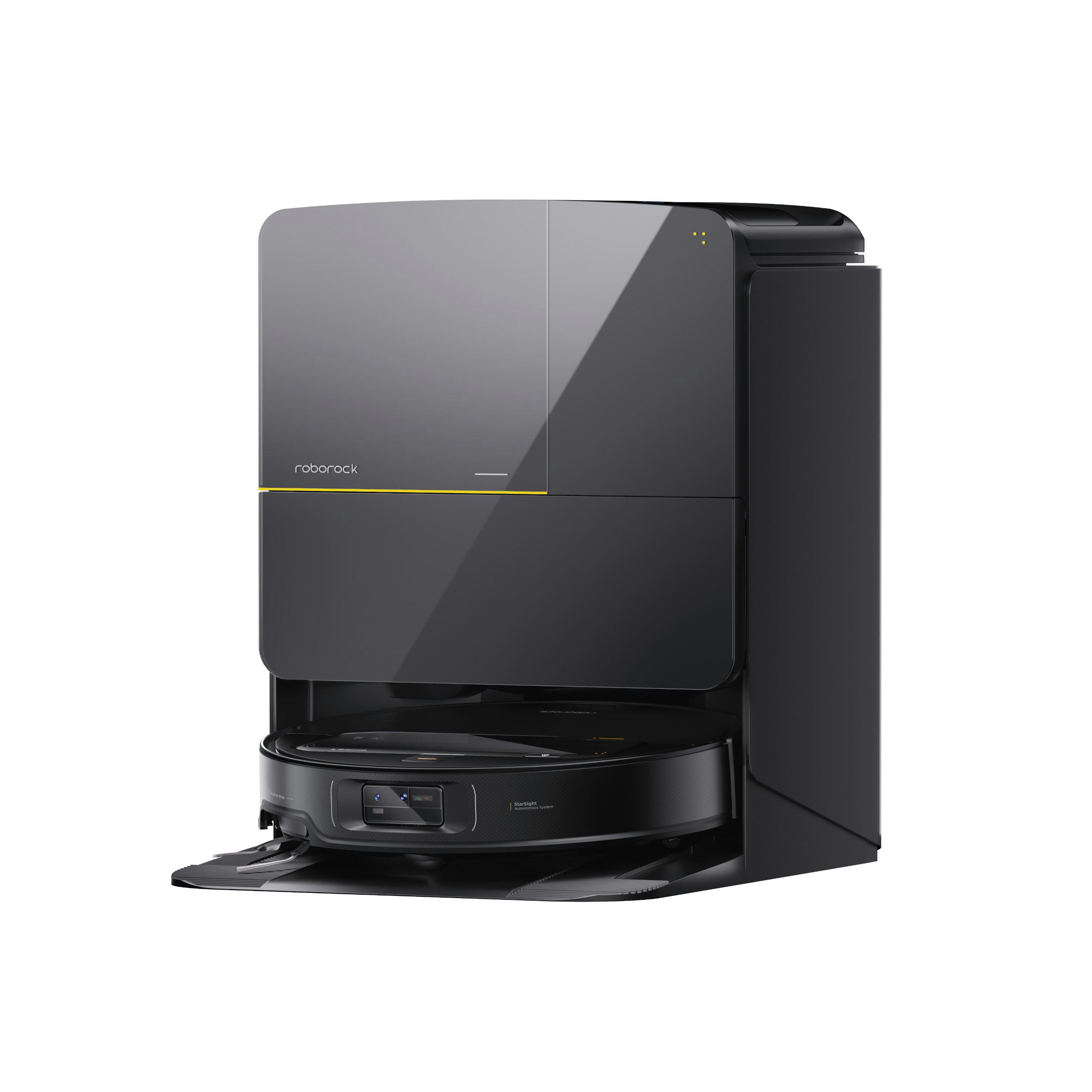 Schwarz-grauer Roboterstaubsauger mit Ladestation. Gelber Streifen und Roborock-Logo. Auf weißem Hintergrund.