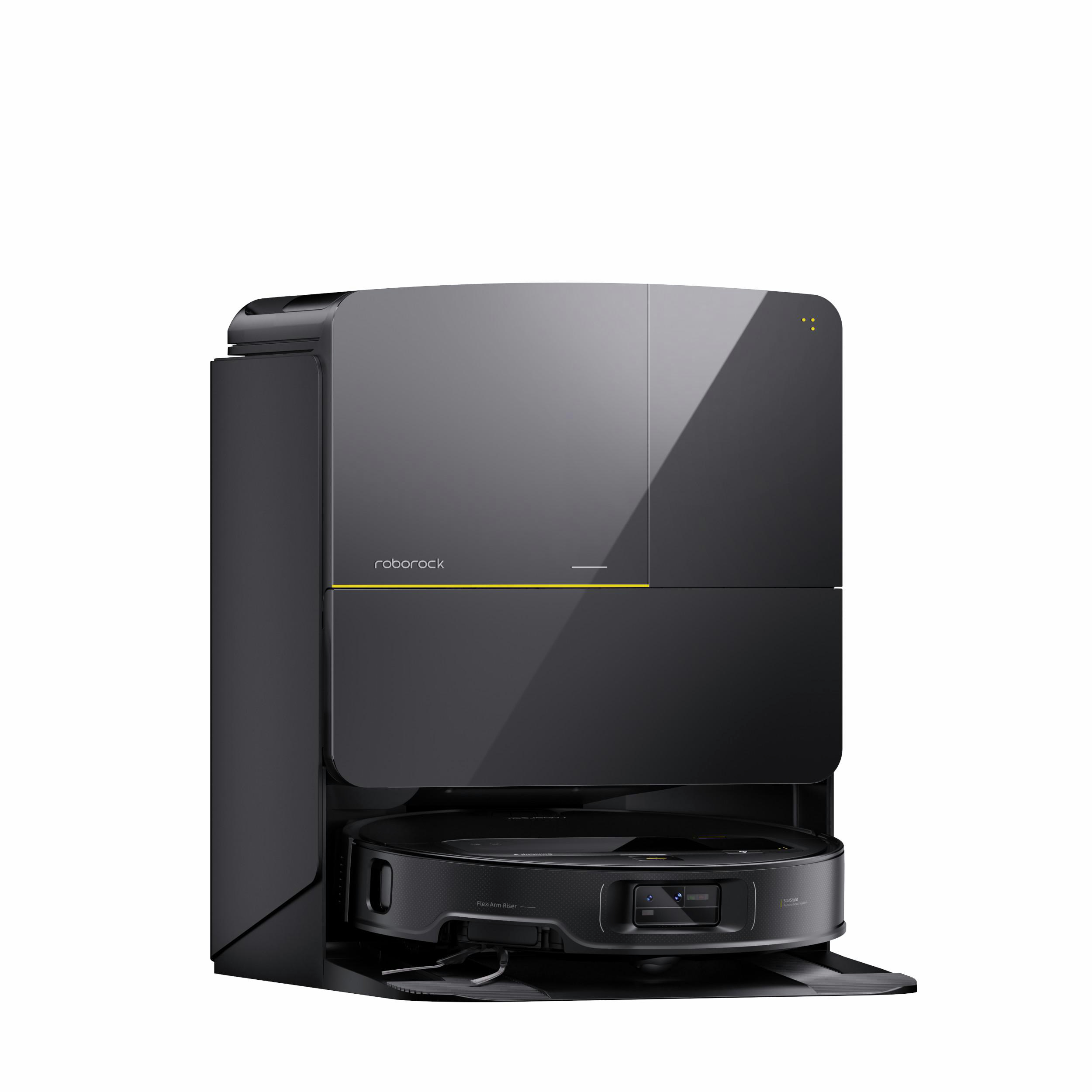 Schwarz-grauer Roboterstaubsauger mit Ladestation. Gelber Streifen und Roborock-Logo. Auf weißem Hintergrund.