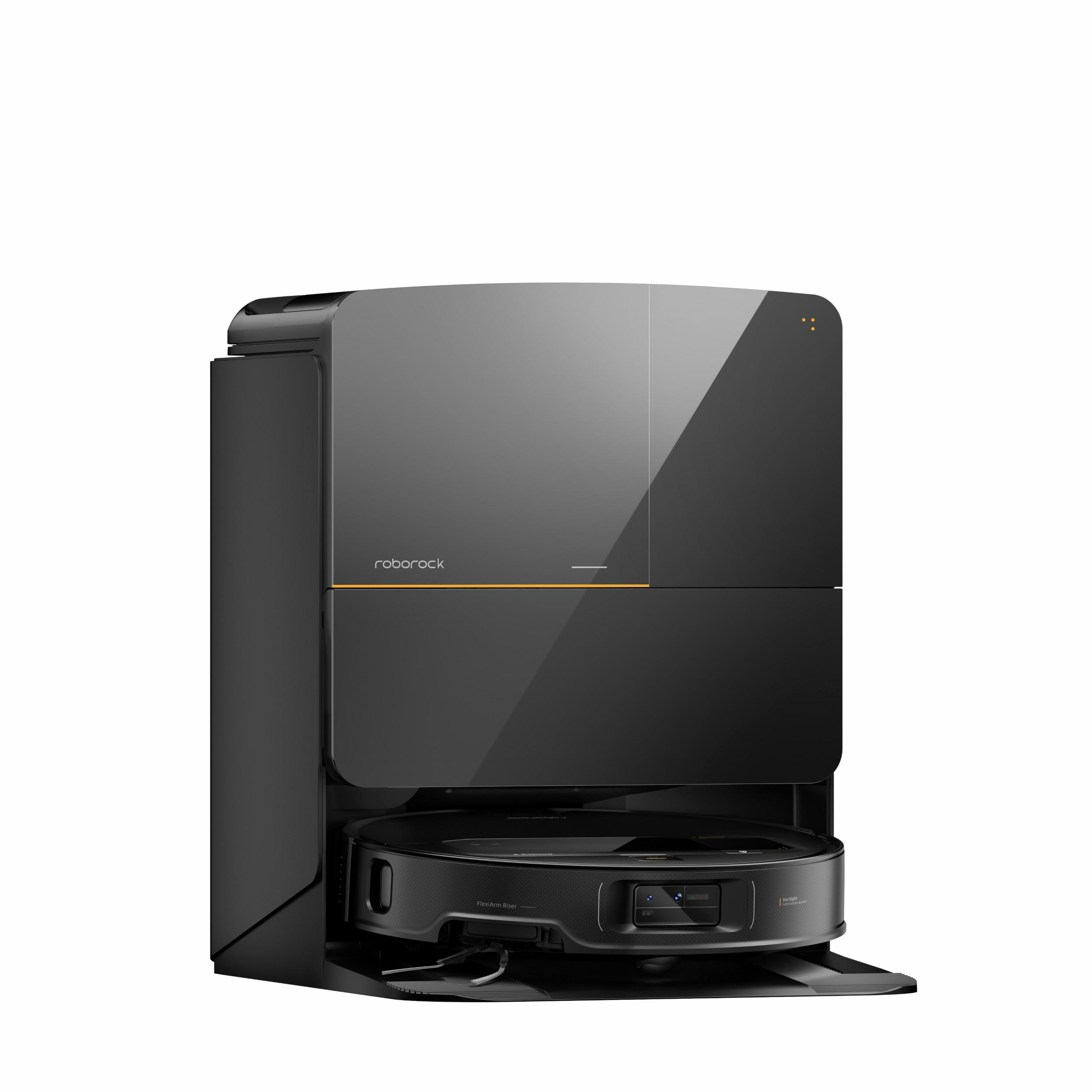 Schwarz-grauer Roboterstaubsauger mit Ladestation. Gelber Streifen und Roborock-Logo. Auf weißem Hintergrund.