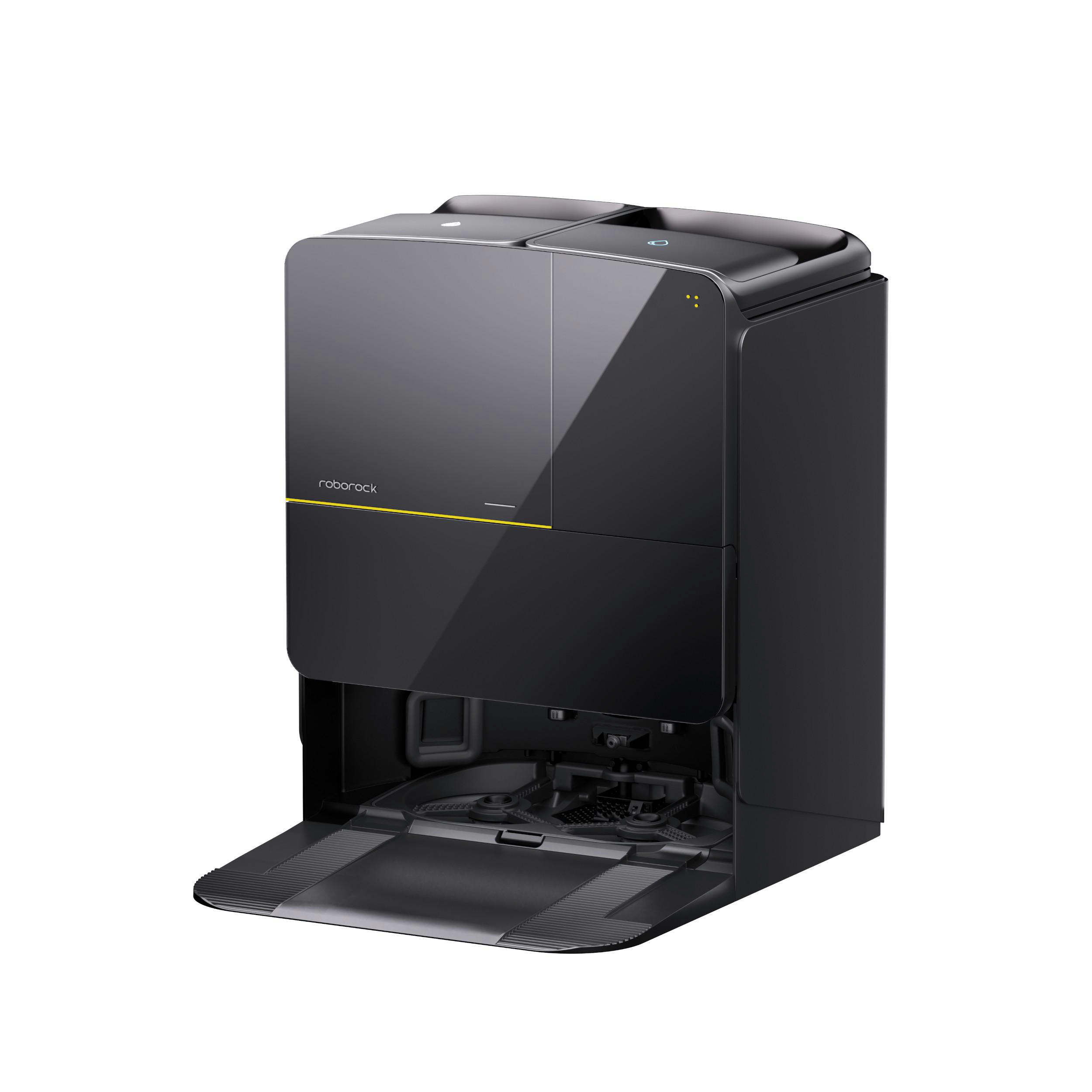 Roboterstaubsauger und Ladestation, Roborock-Logo. Auf weißem Hintergrund.