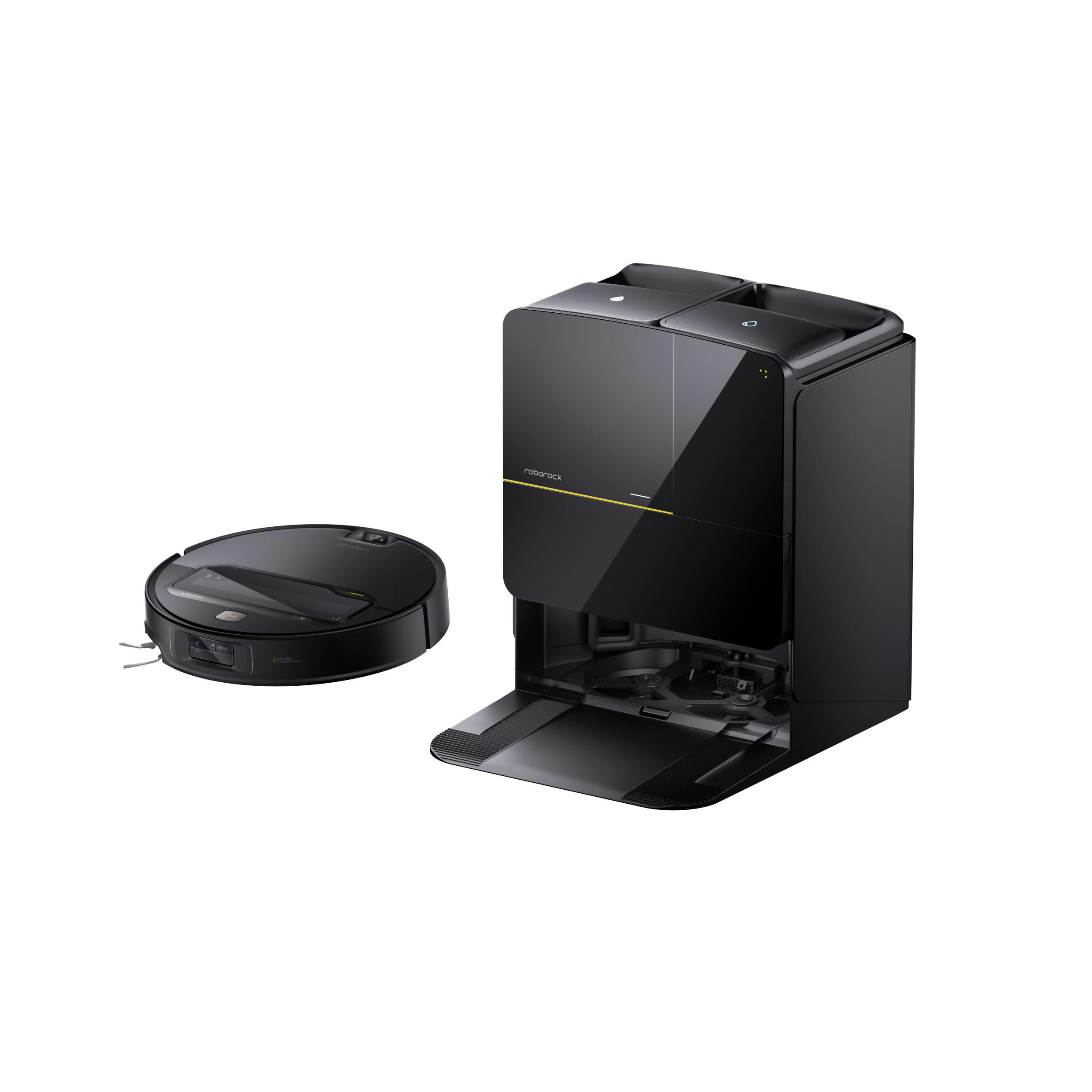 Roboterstaubsauger und Ladestation, Roborock-Logo. Auf weißem Hintergrund.
