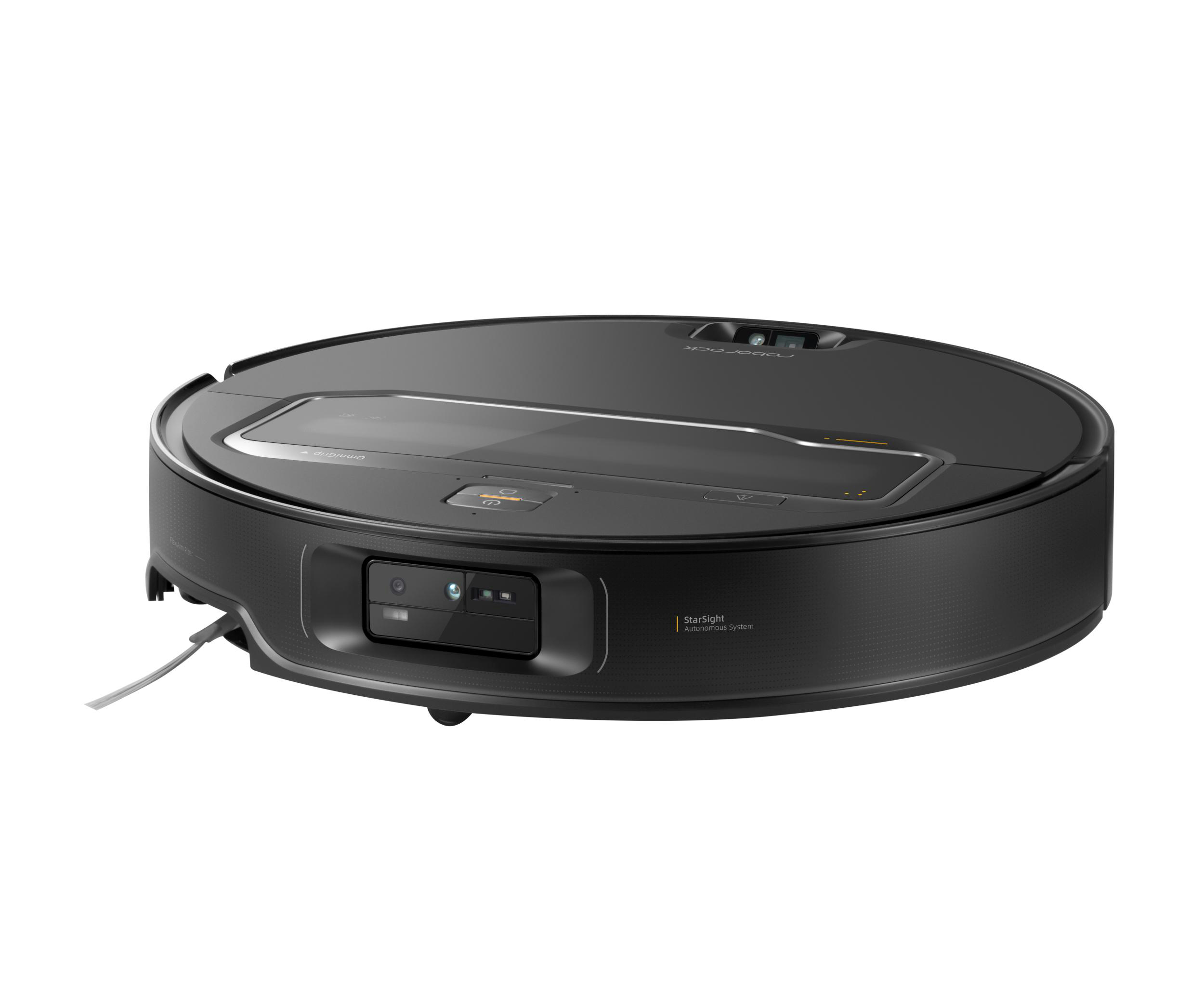 Schwarzer Roboter-Staubsauger auf weißem Hintergrund, Oberansicht.