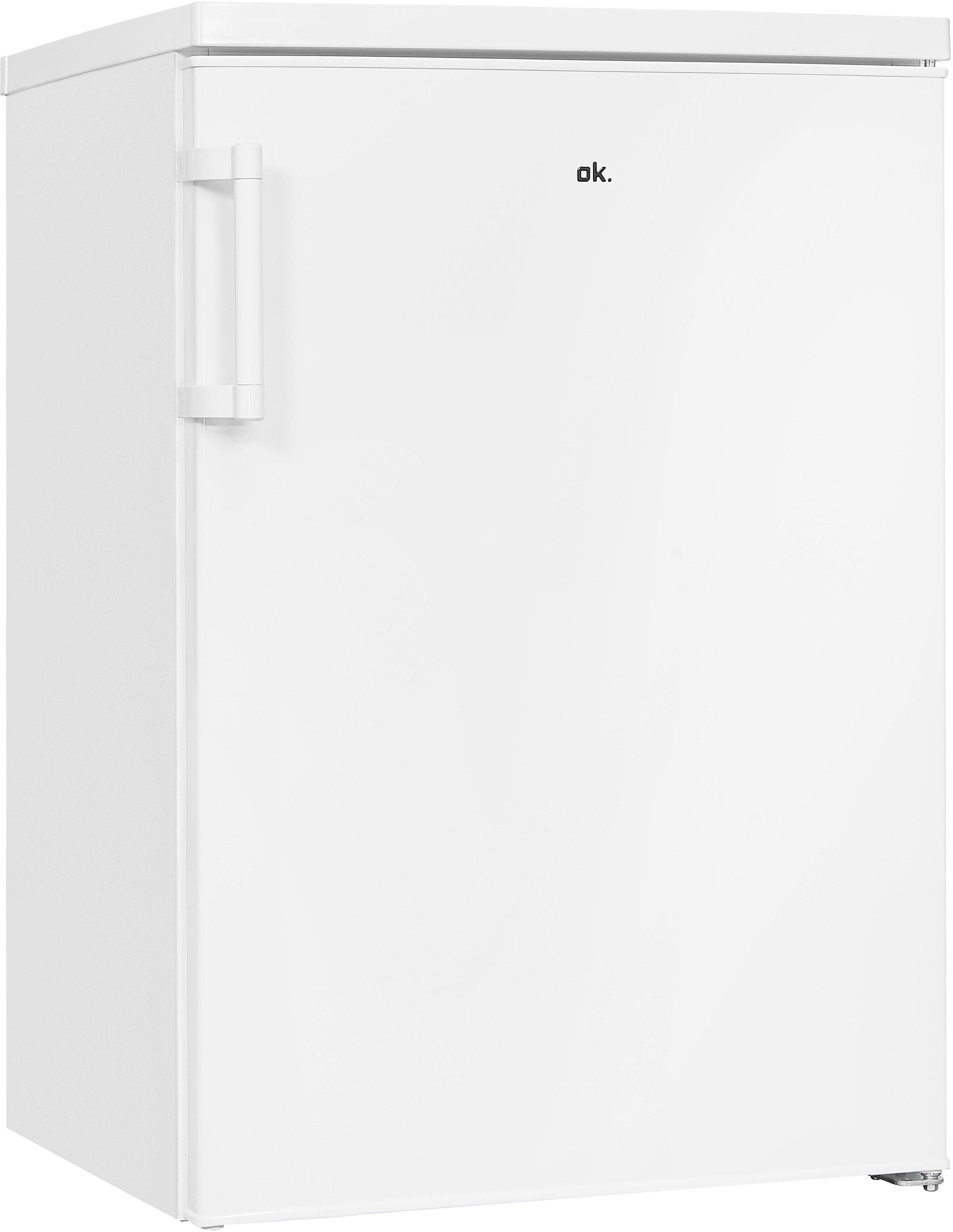 Ein weißer Kühlschrank mit Griff und dem Schriftzug "ok.".
