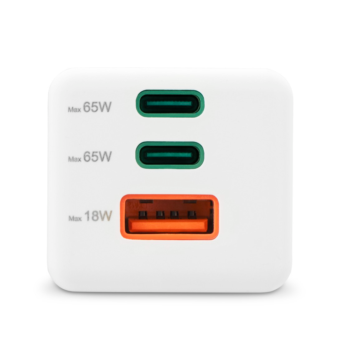 Fehér töltő zöld és narancssárga portokkal, "Max 65W" és "Max 18W" felirattal.