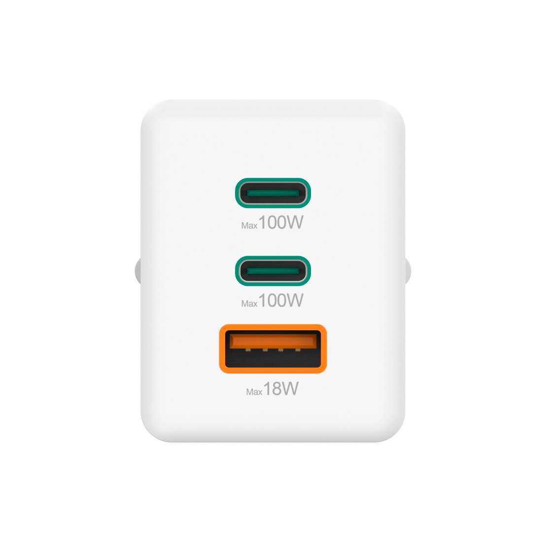 Fehér töltő zöld és narancssárga portokkal, "Max 100W" és "Max 18W" felirattal.