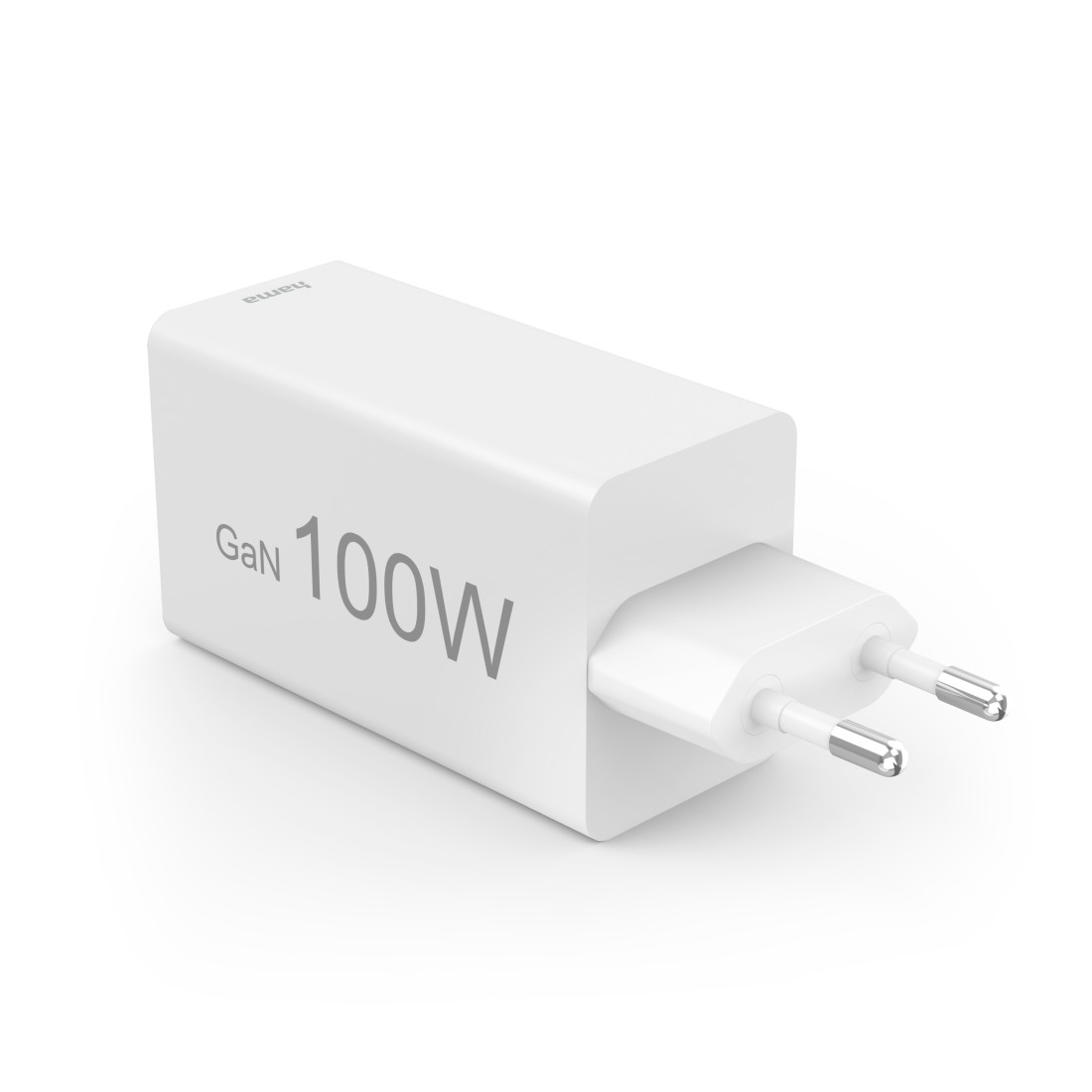 Fehér töltő két csatlakozóval, "GaN 100W" felirattal.