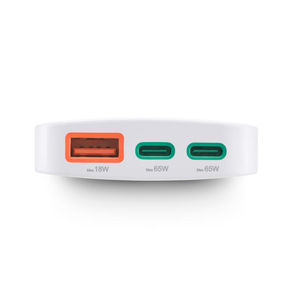 Fehér töltő zöld és narancssárga portokkal, "Max 65W" és "Max 18W" felirattal.