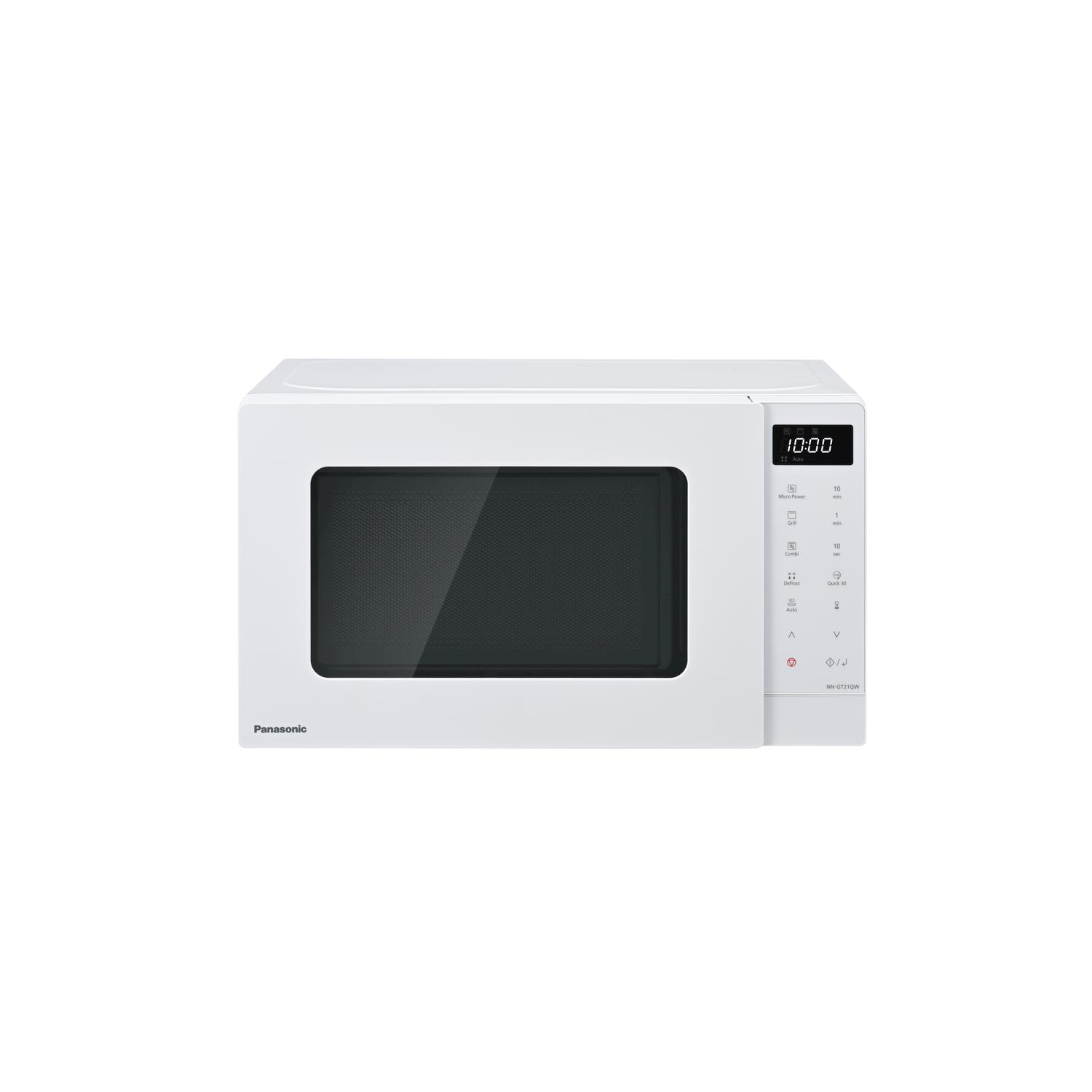Microonde Panasonic bianco con porta nera e display digitale che mostra 10:00. Pulsanti sul lato destro.