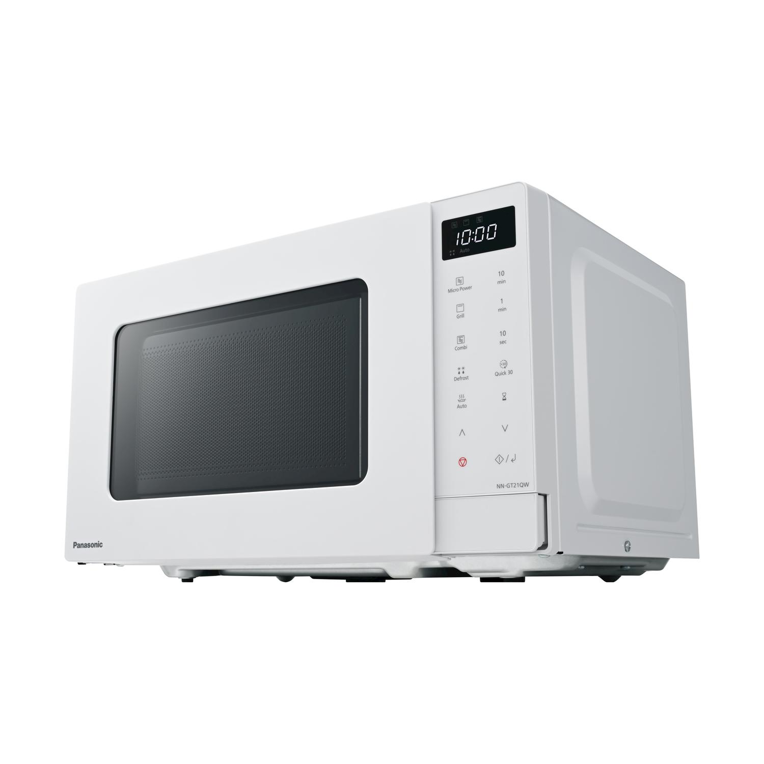 Un forno a microonde bianco Panasonic con un orologio digitale che mostra 10:00. Ha pulsanti per varie funzioni a destra.