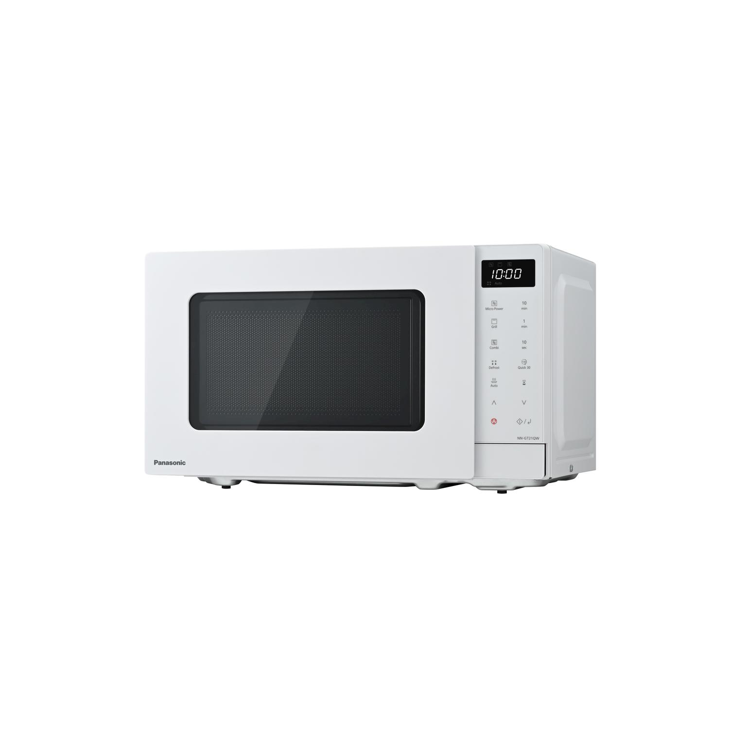 Microonde Panasonic bianco con orologio digitale che mostra 10:00. Funzioni: impostazioni potenza, grill, scongelamento e opzioni 30.
