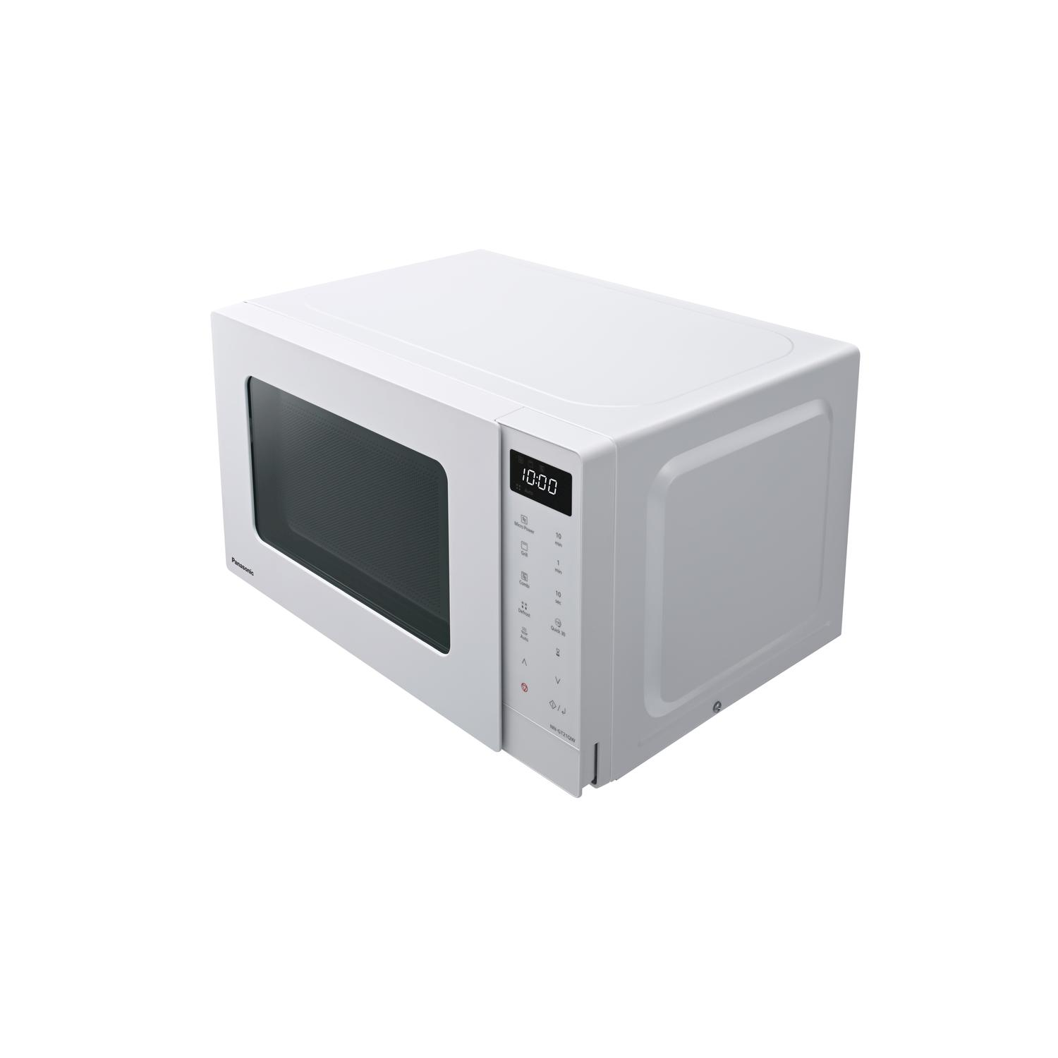 Forno a microonde Panasonic bianco. Ha un display digitale che mostra '10:00'. La porta è scura, con pulsanti di controllo a destra.