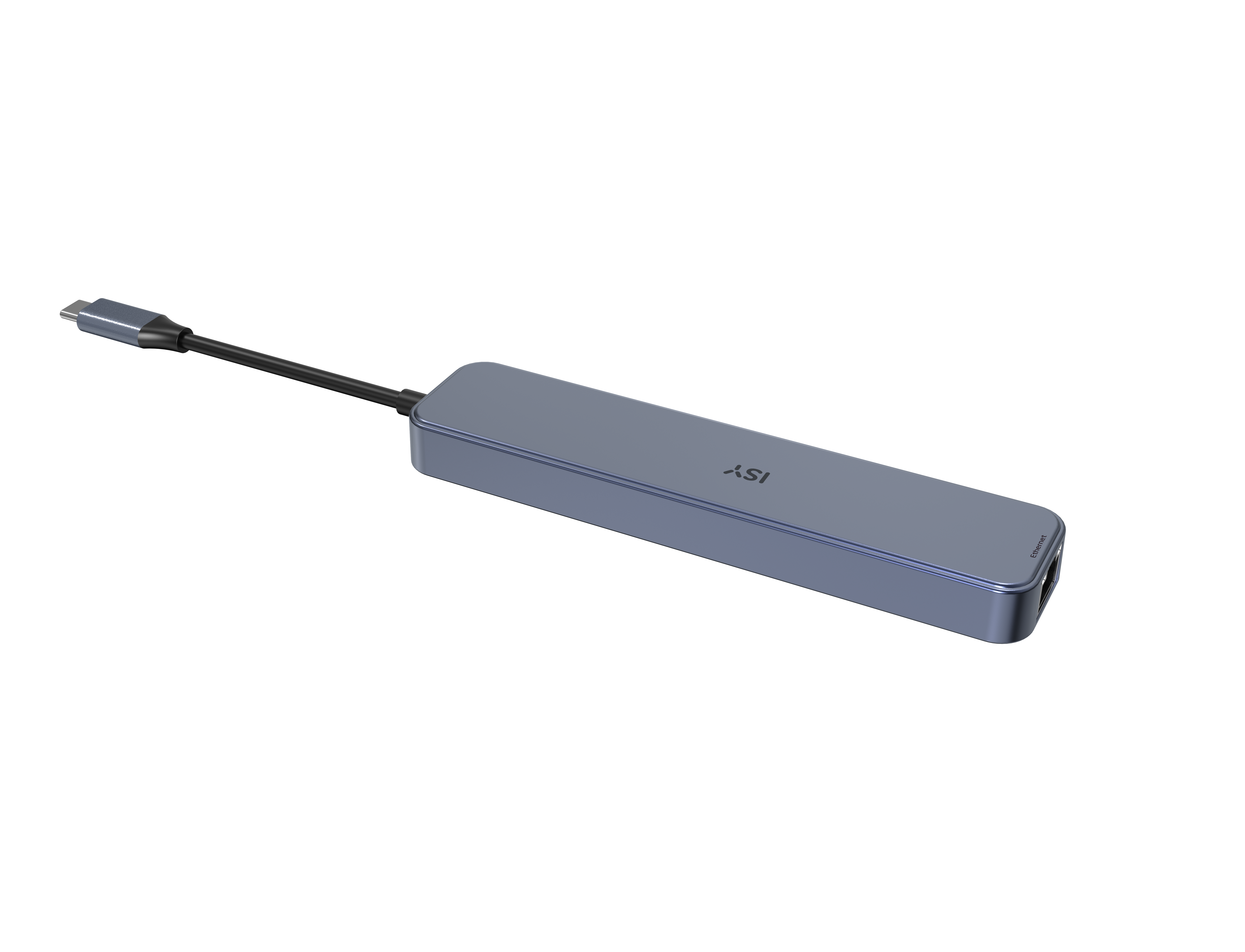 Ein blauer USB-Hub mit mehreren Anschlüssen und einem schwarzen Kabel mit einem USB-C-Stecker.