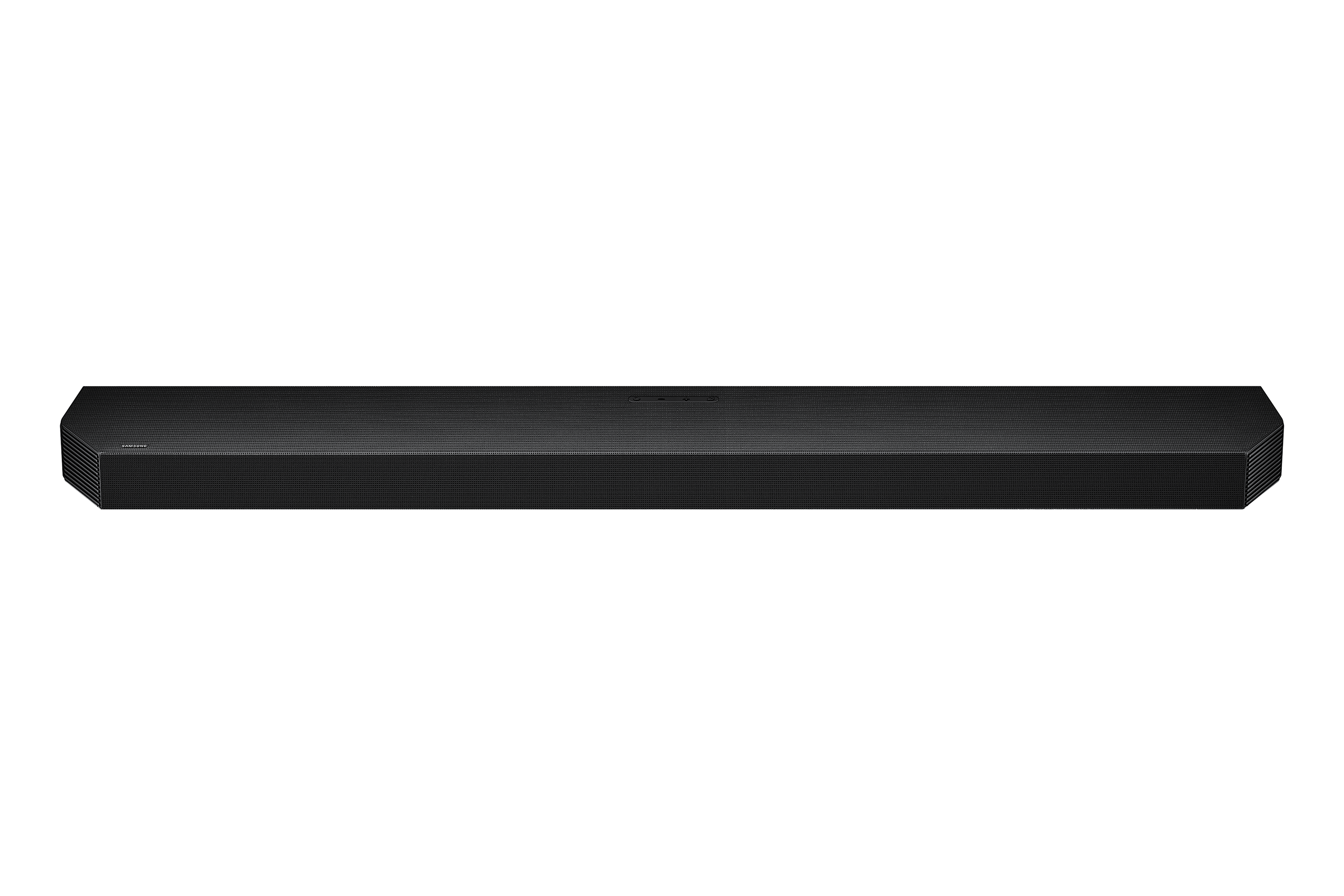 Schwarze Soundbar auf schwarzem Hintergrund, mit feinem Gitter auf der Oberfläche.