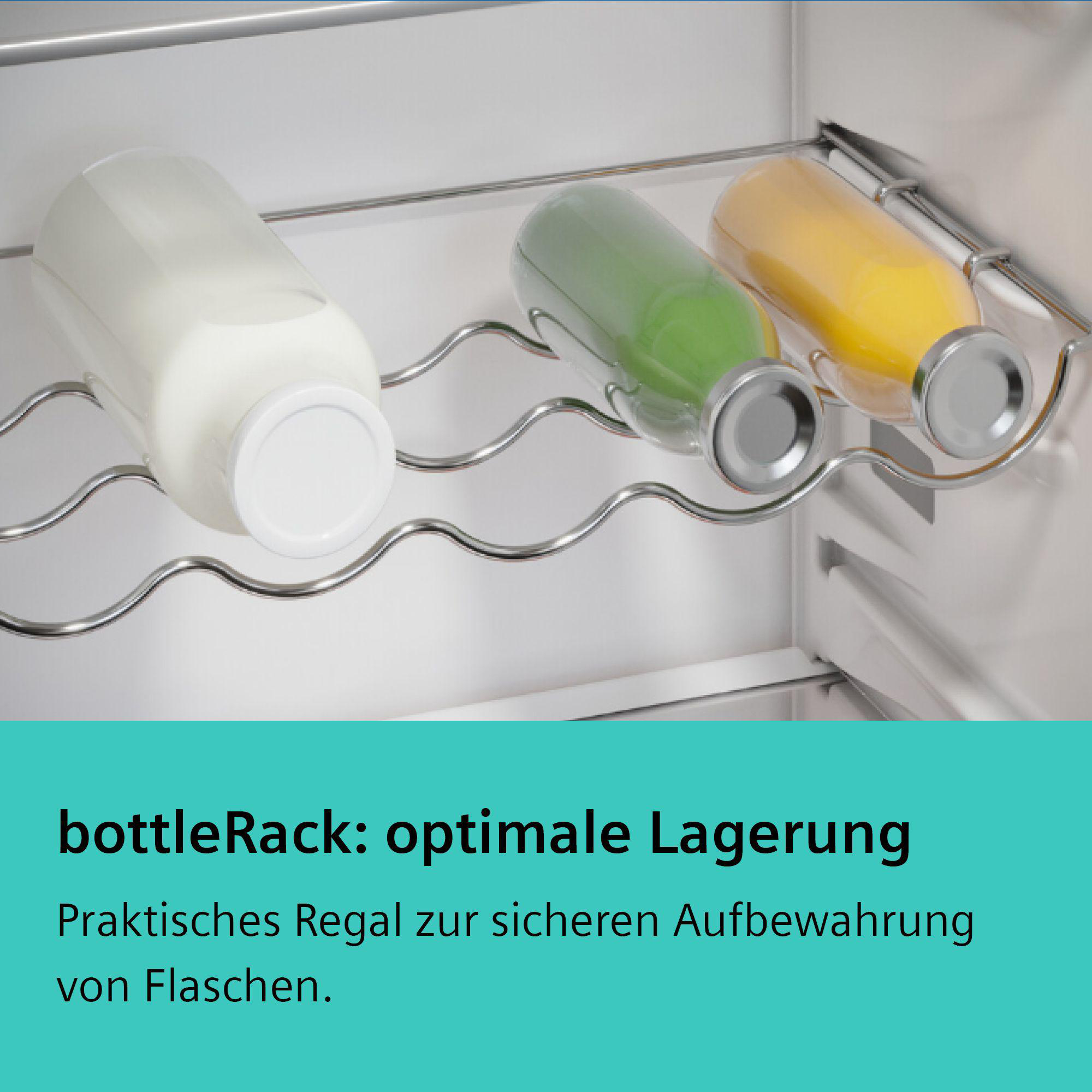 Kühlschrank mit Flaschen in einem Flaschenregal, Text: bottleRack: optimale Lagerung.