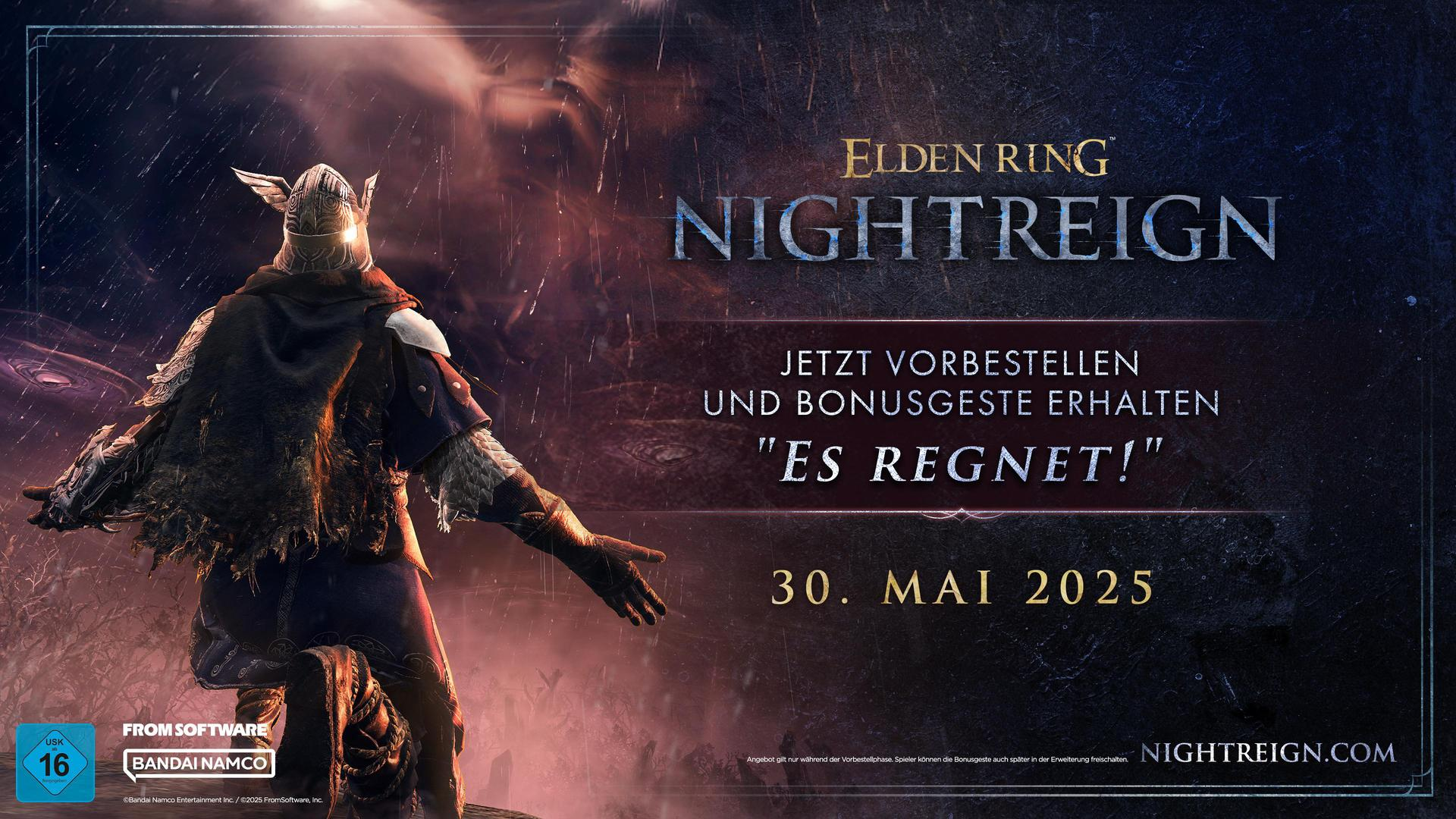 Elden Ring: Nightreign Ankündigung mit Krieger und "Es regnet!"-Zitat.