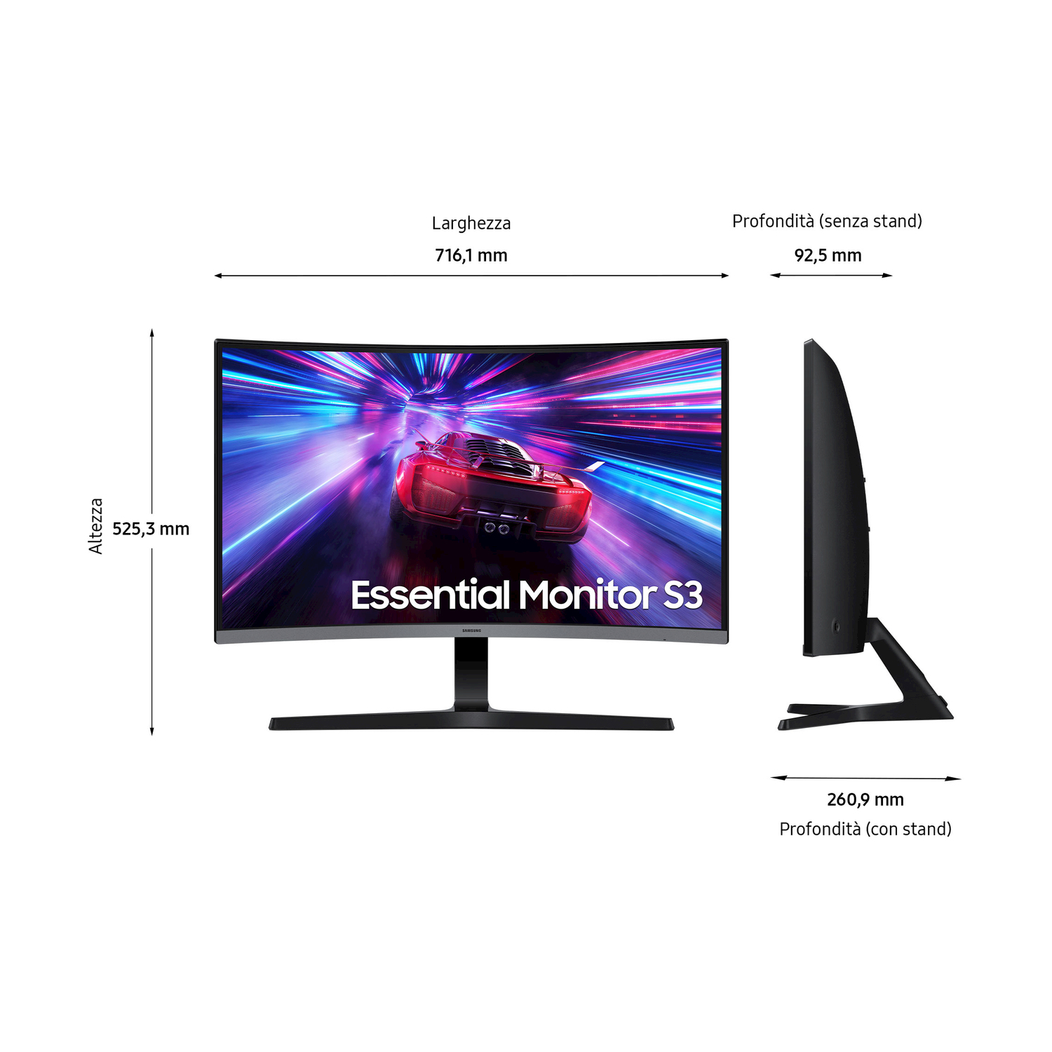 Monitor nero con sfondo auto rossa. Dimensioni e logo Essential Monitor S3 sono visibili.