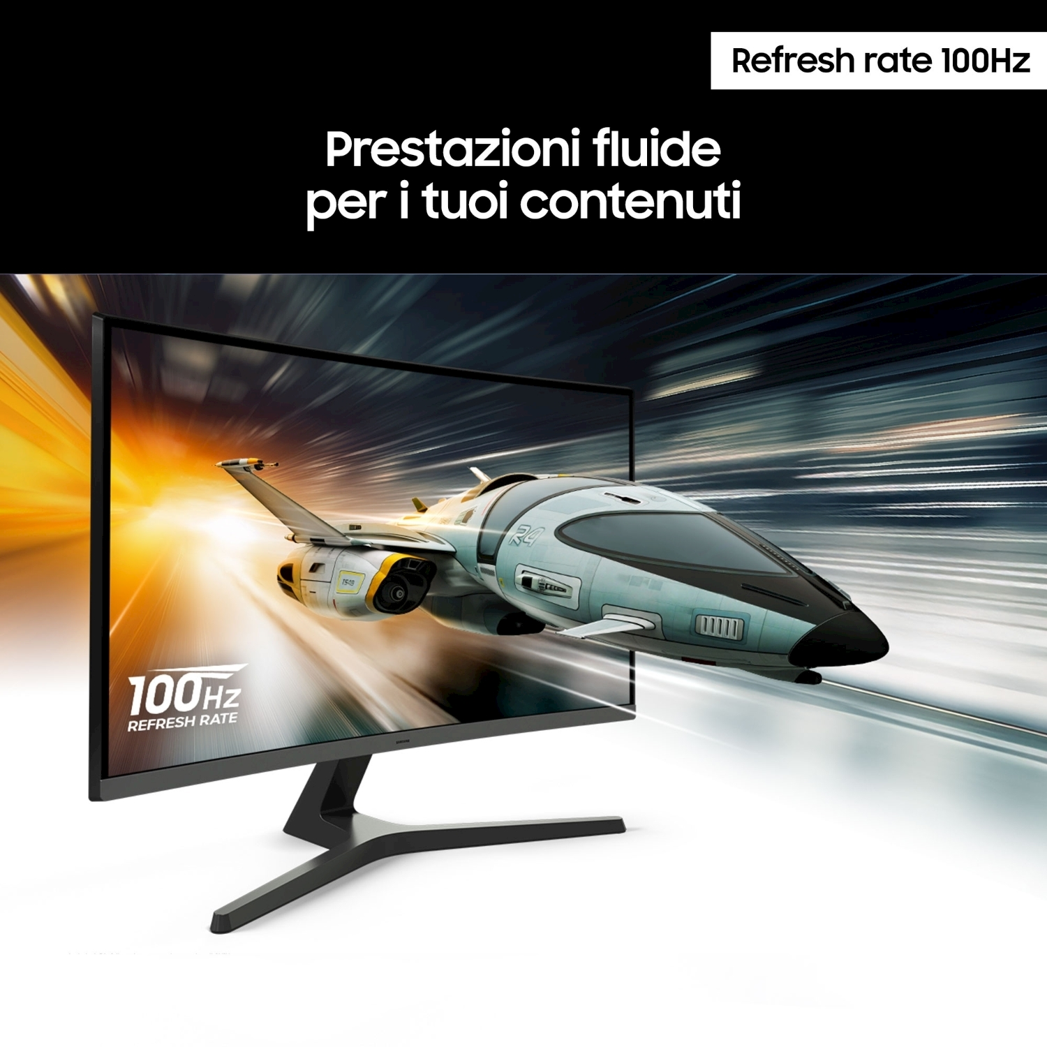 Un monitor con un aereo che vola attraverso lo schermo e la scritta 100Hz.