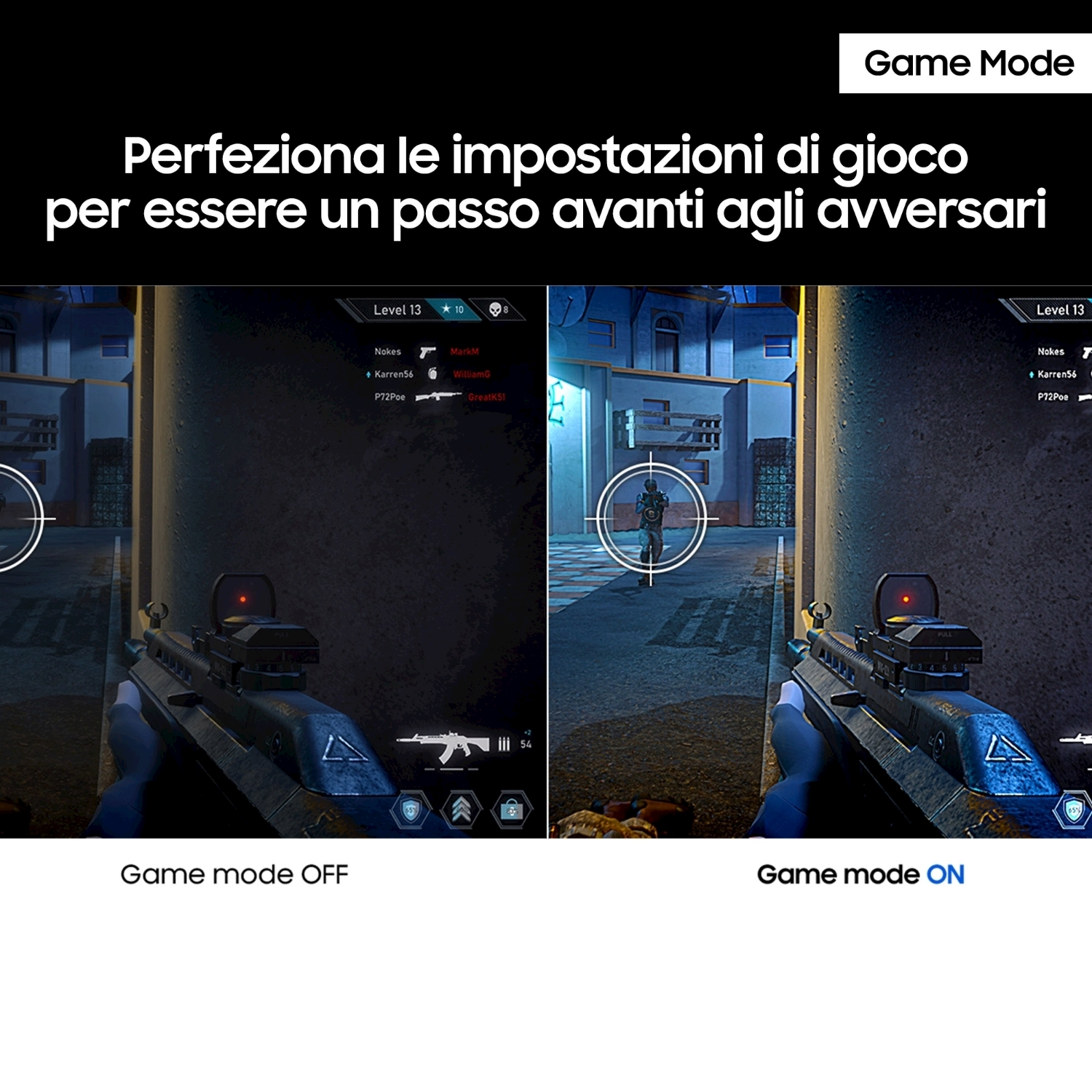 Due schermi con un gioco, che mostrano la modalità di gioco attiva e disattiva.