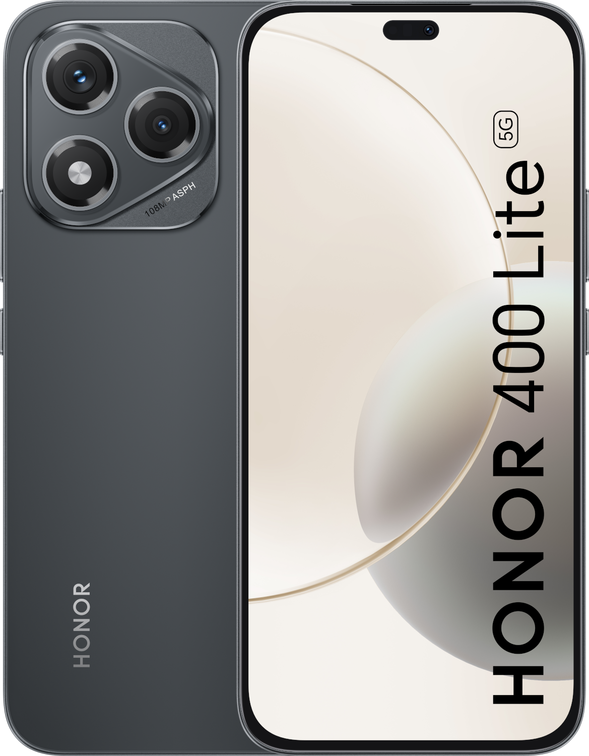 Een grijze mobiele telefoon met drie camera's op de achterkant. Het scherm toont een lichte, abstracte afbeelding.