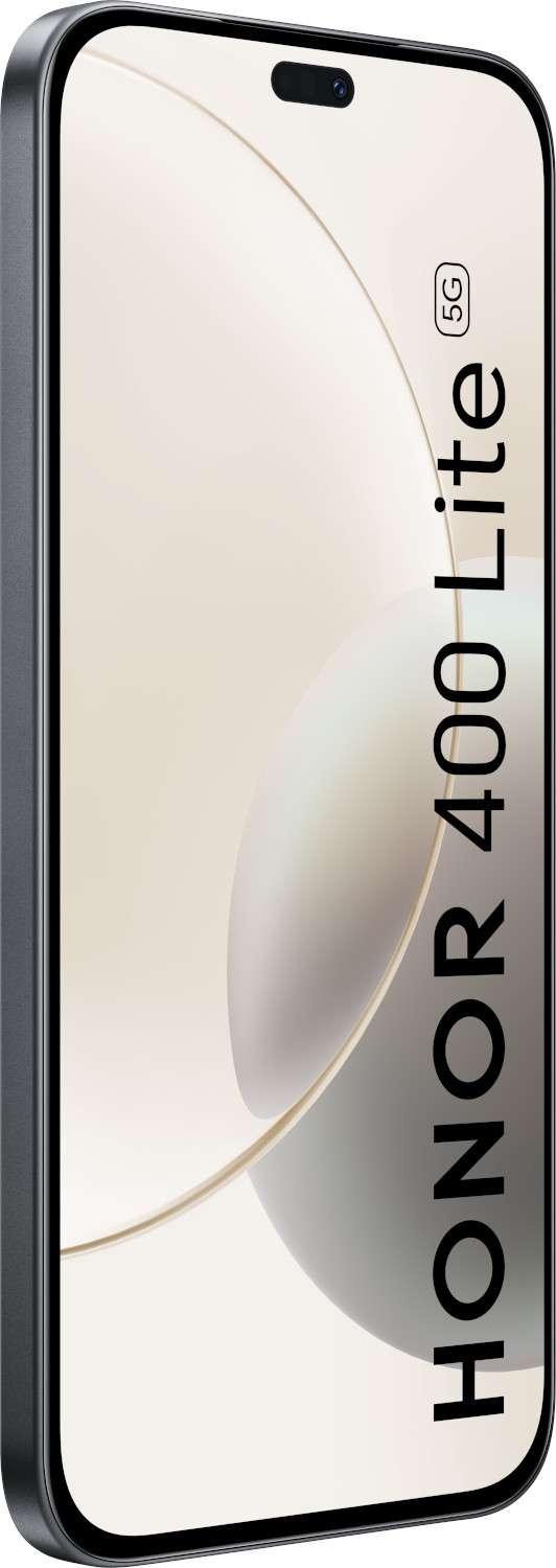 Zwarte smartphone met een lichtbeige scherm, camera en tekst HONOR 400 Lite 5G.