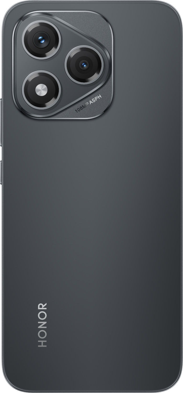 Grijze smartphone achterkant met drie cameralenzen. Het woord HONOR is verticaal gedrukt.