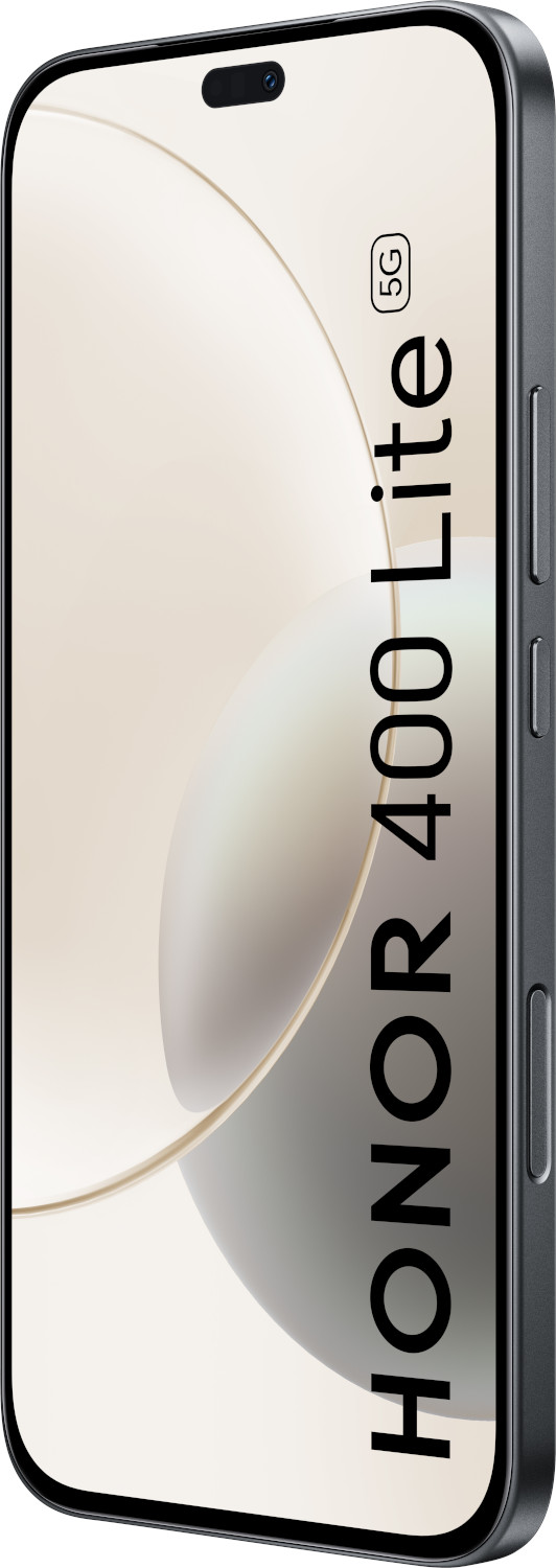 Een smartphone, de Honor 40 Lite, wordt getoond. De telefoon is donkergrijs, het scherm toont abstracte vormen in beige en wit.