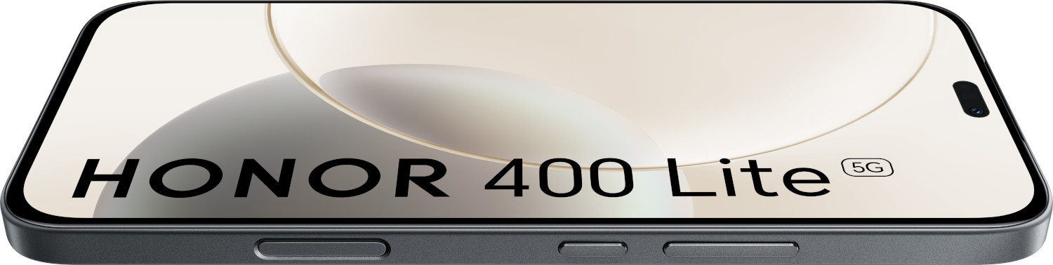 Een smartphone toont "HONOR 400 Lite 5G". De telefoon is donkergrijs, met een scherm met een abstract, lichtgekleurd ontwerp.