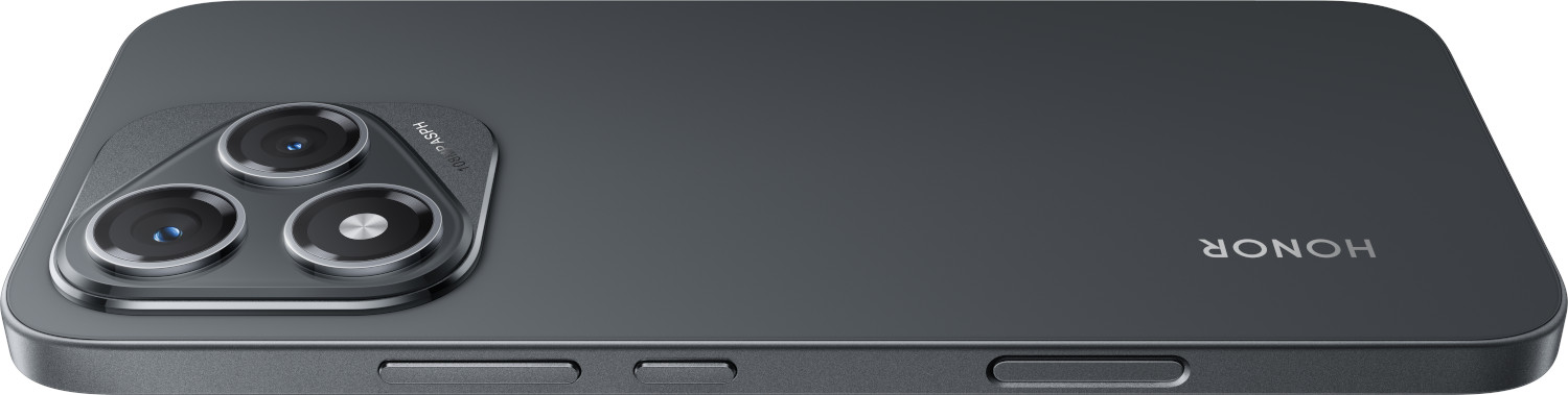 Donkergrijze smartphone achterkant met drievoudige cameralenzen. Honor-logo zichtbaar. Knoppen aan de zijkant.