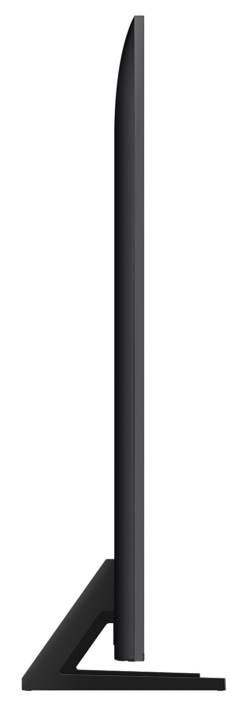 Widok z boku czarnego telewizora. Ma cienki, zakrzywiony ekran. Stojak jest czarny i trójkątny.