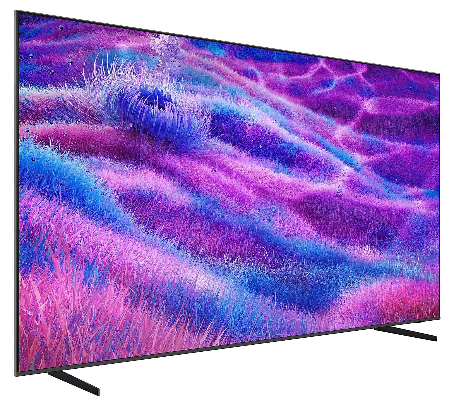 Telewizor z kolorowym, abstrakcyjnym obrazem. Telewizor jest lekko pochylony.