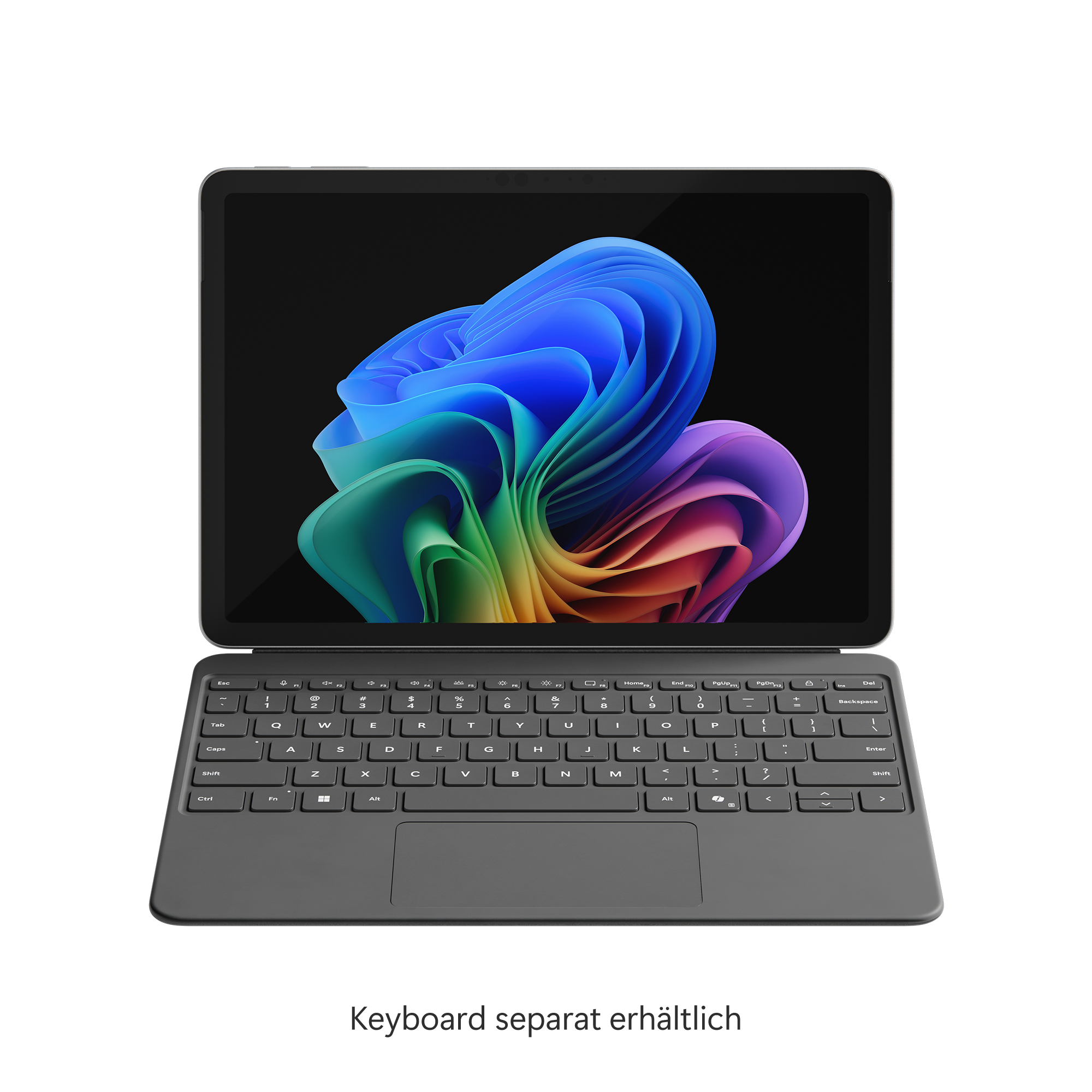 Ein Tablet mit Tastatur, das ein farbenfrohes, abstraktes Bild zeigt. Der Text Keyboard separat erhältlich.