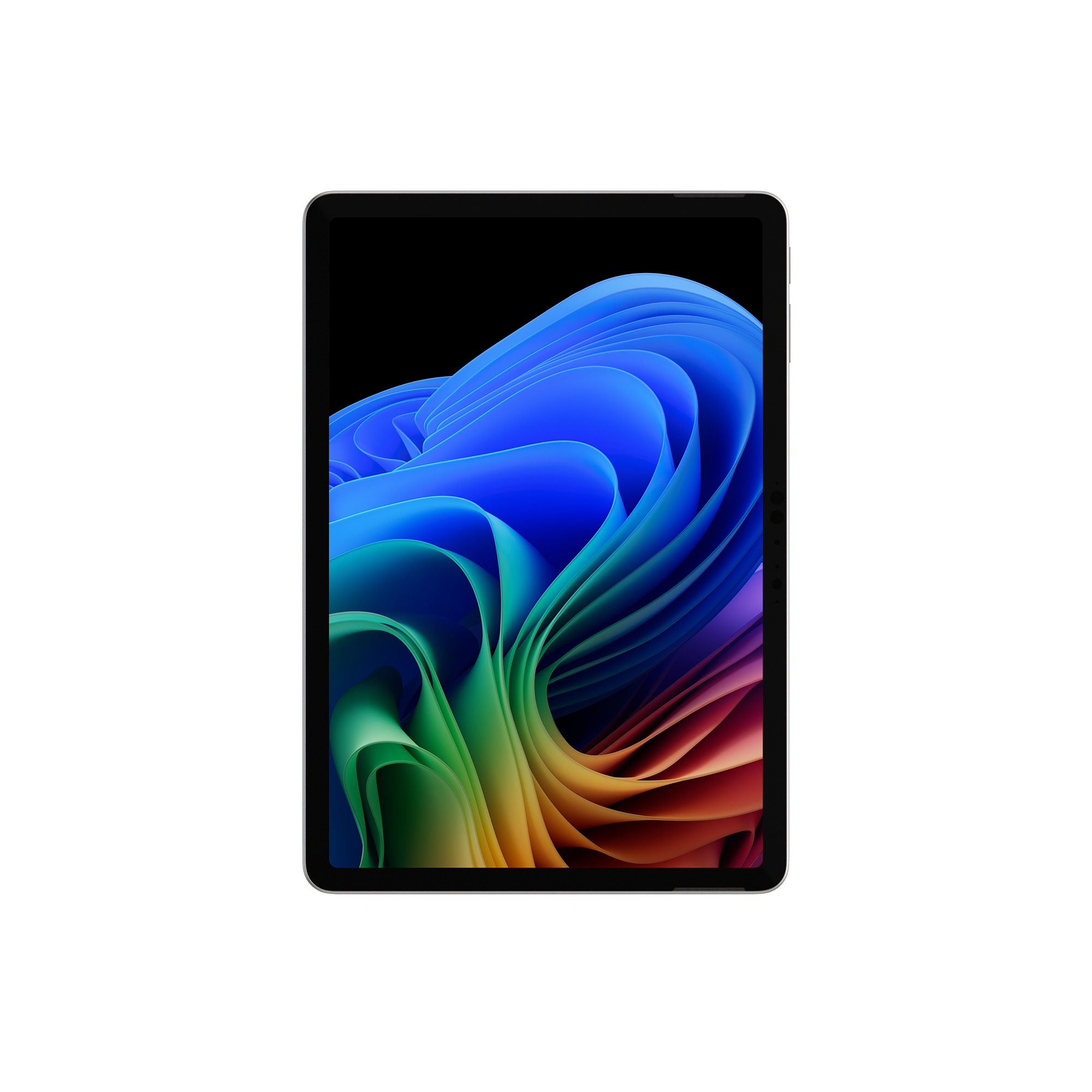 Ein Tablet zeigt ein farbenfrohes, abstraktes Bild auf dem Bildschirm. Der Hintergrund ist schwarz.