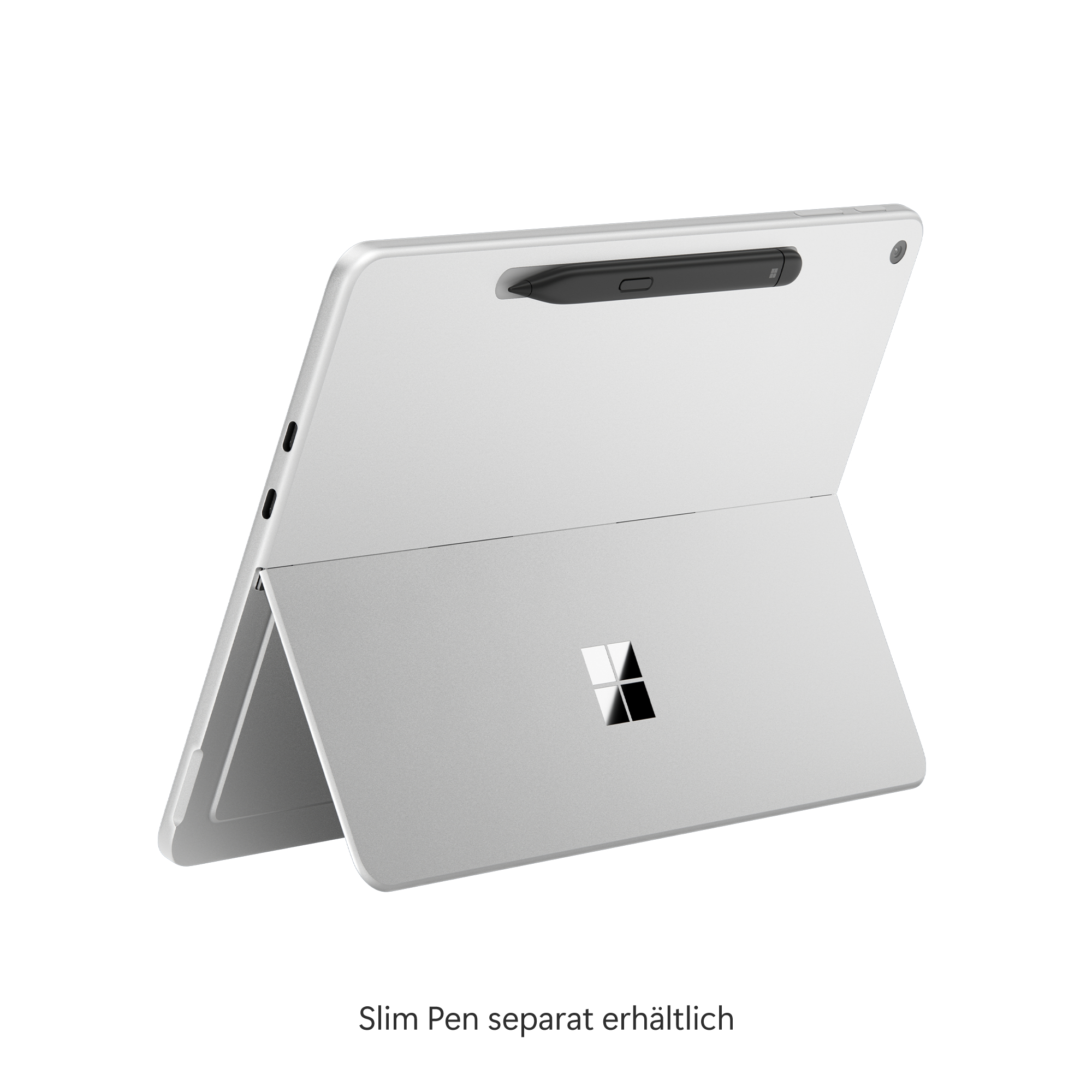 Rückseite eines silberfarbenen Tablets mit Stift. Der Stift ist oben befestigt. Der Schriftzug Slim Pen...