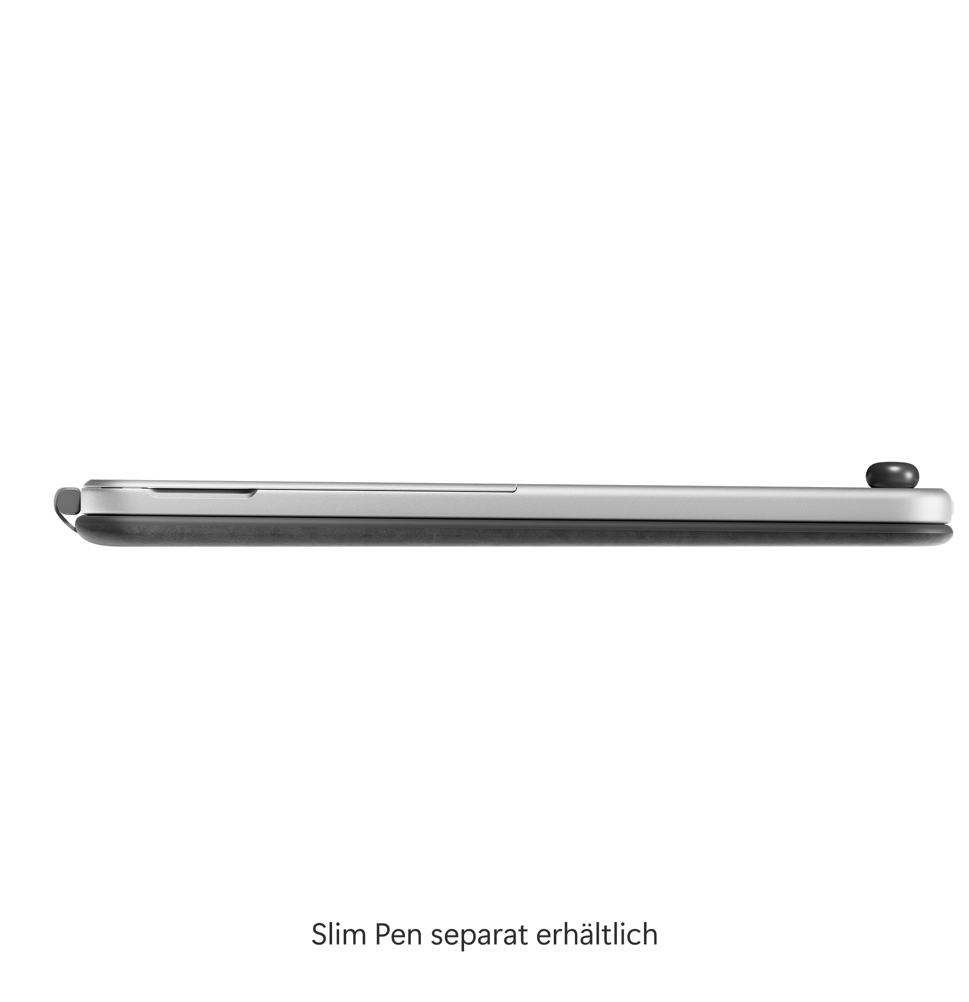 Seitenansicht eines silberfarbenen Tablets mit Stift. Der Stift ist an der Seite befestigt.