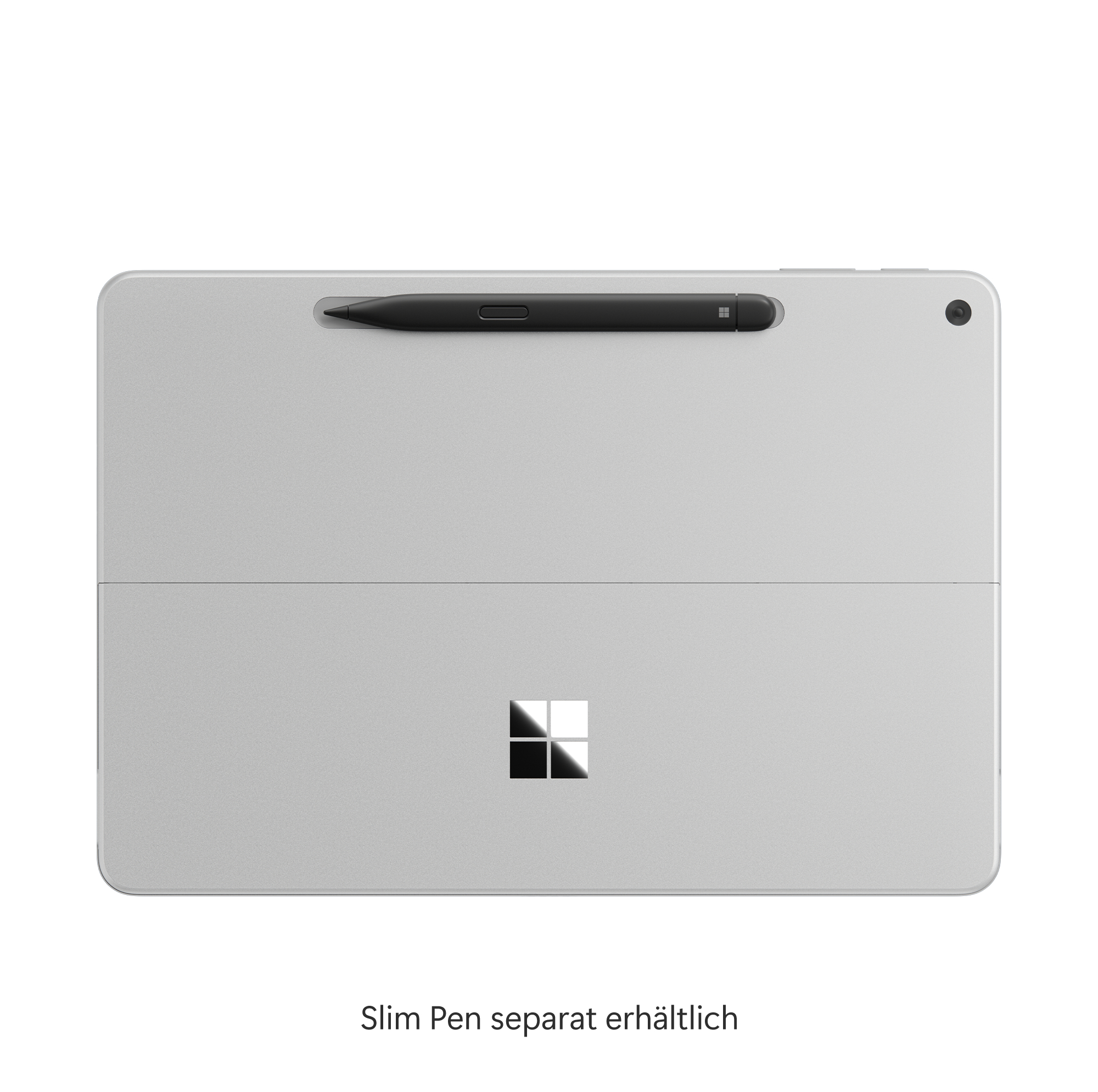 Die Rückseite eines hellgrauen Tablets mit Stift. Unten ist ein Microsoft-Logo zu sehen.