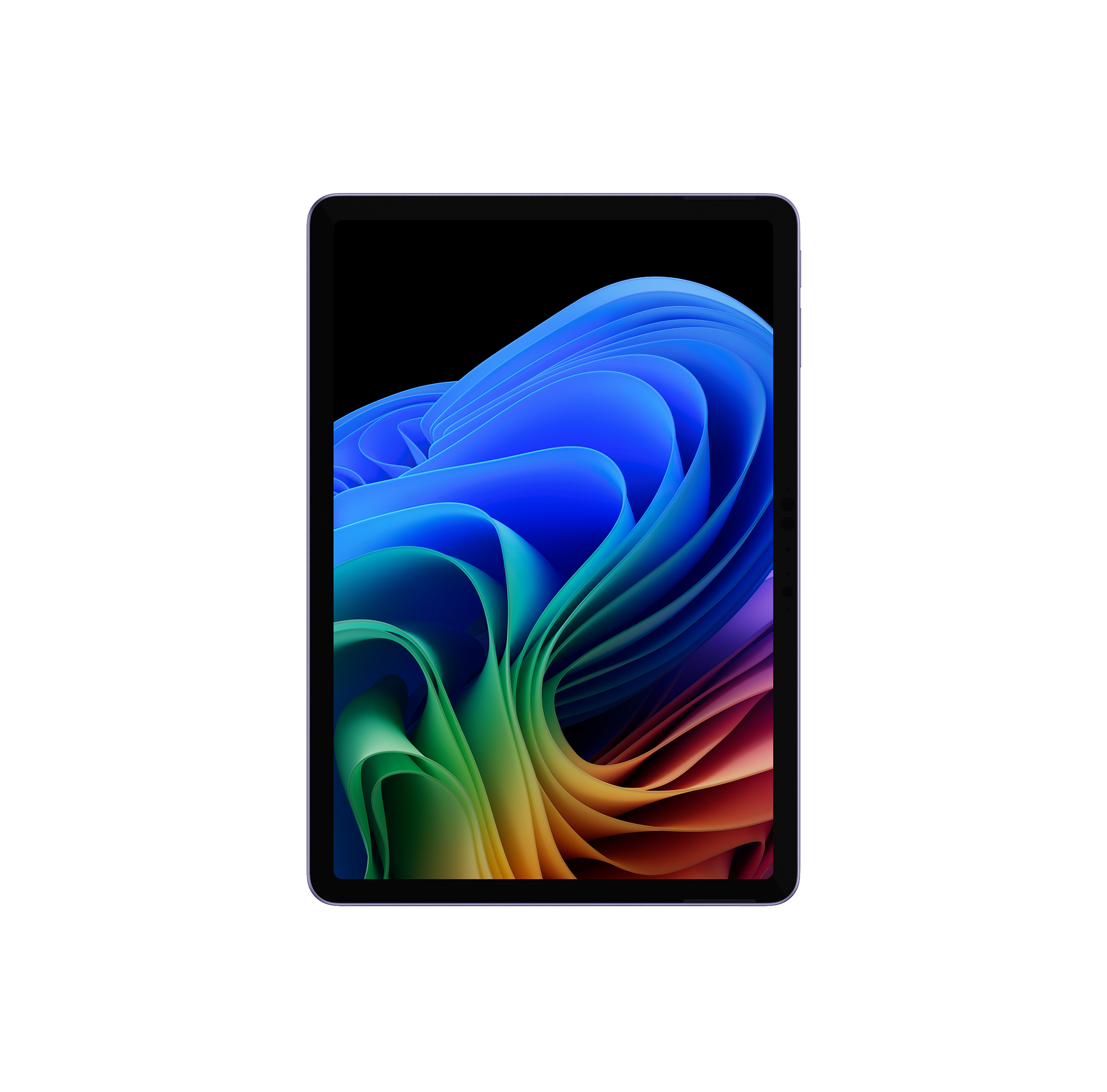 Ein Tablet zeigt ein farbenfrohes, abstraktes Bild auf dem Bildschirm. Der Hintergrund ist schwarz.