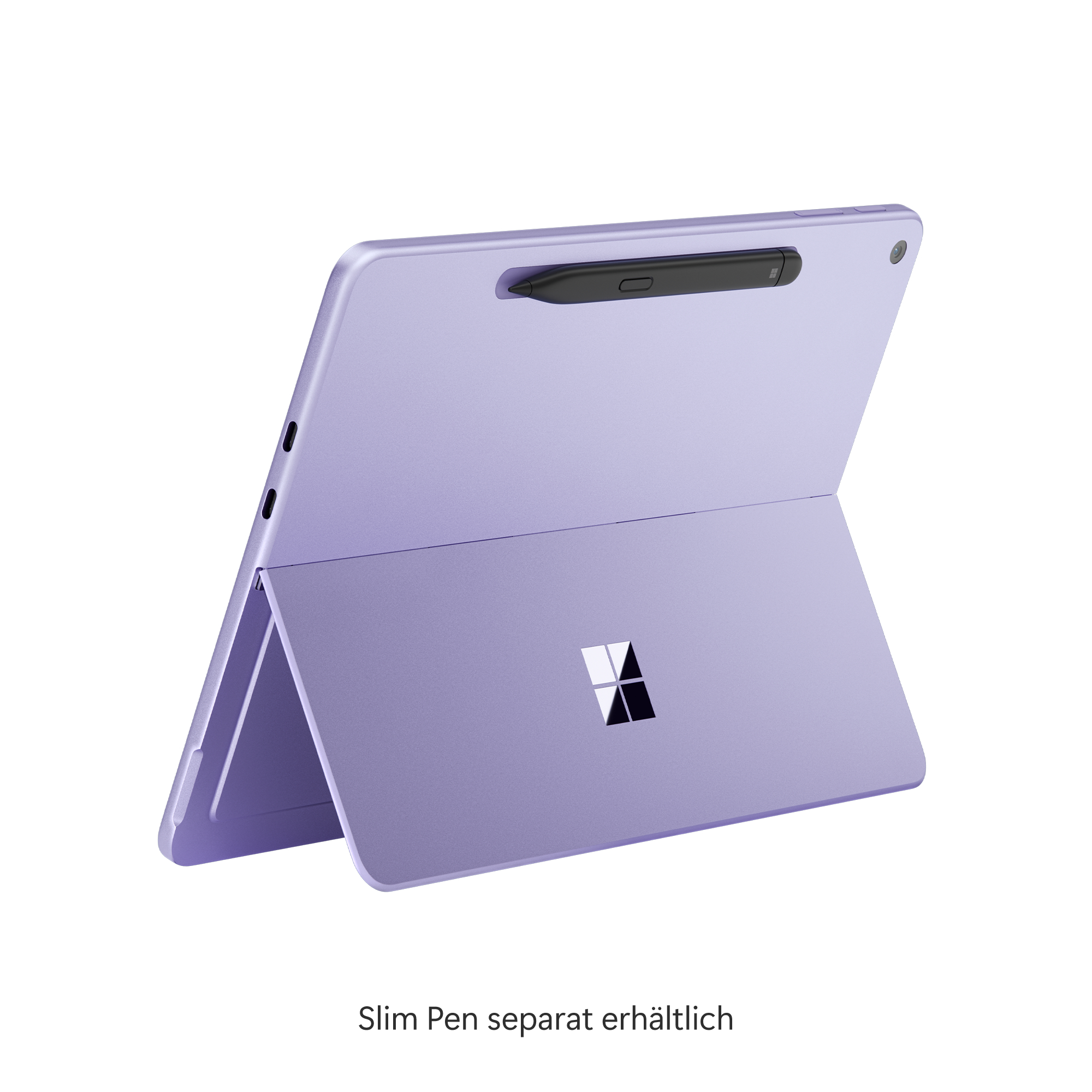 Violettes Tablet mit Stift, Microsoft-Logo, 'Slim Pen separat erhältlich'.