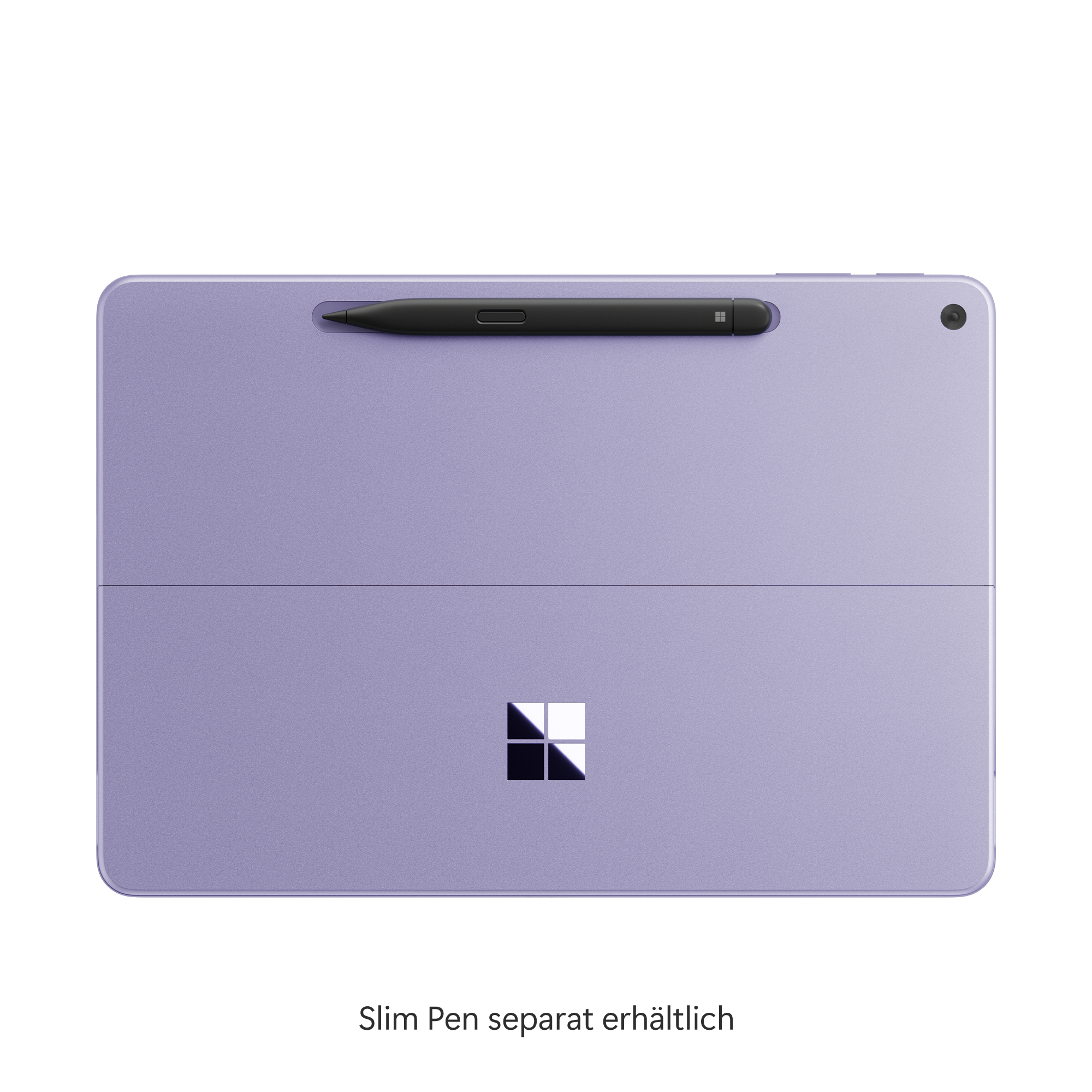 Violettes Tablet mit Stift und Microsoft-Logo, 'Slim Pen separat erhältlich'.